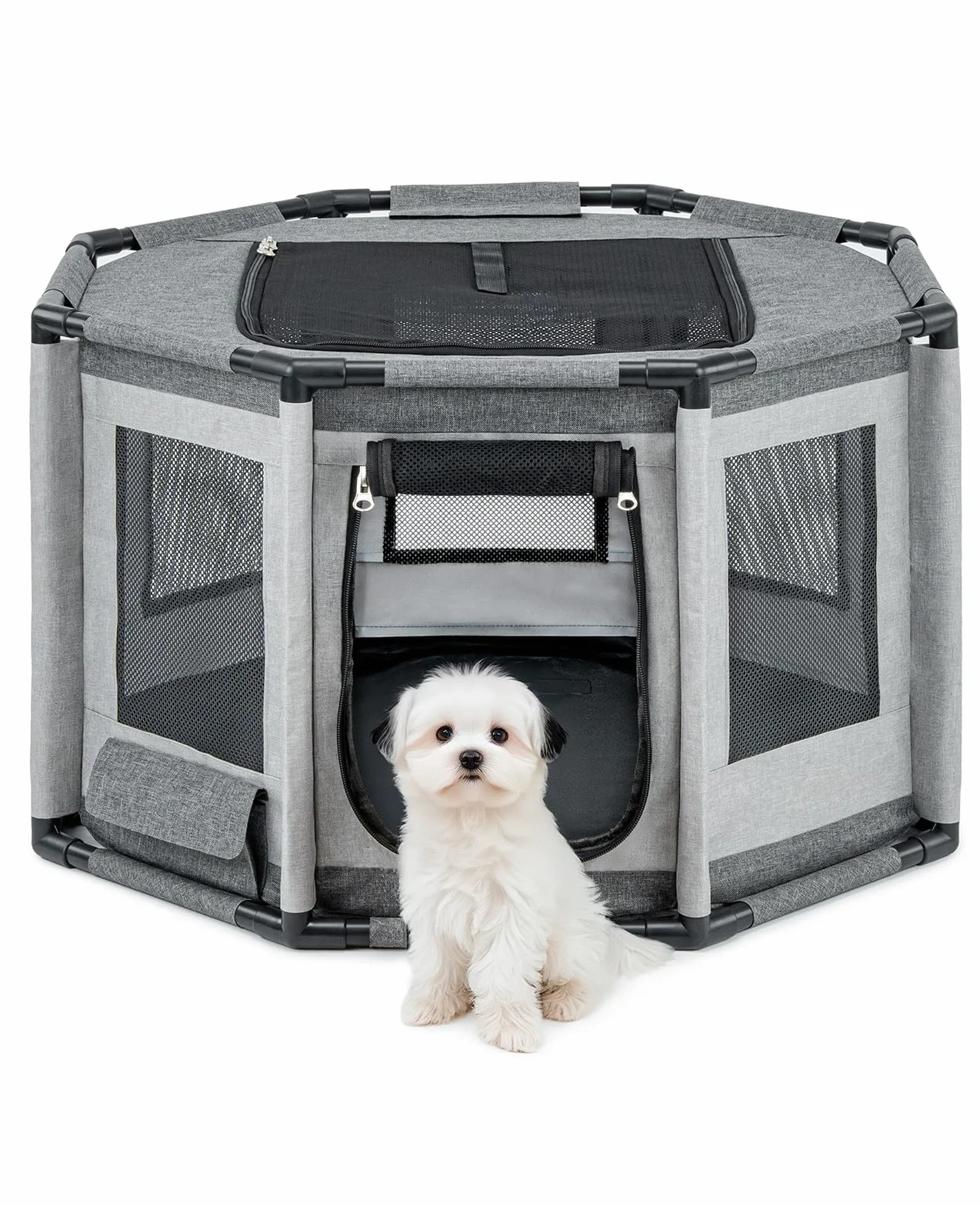 lionto Recinto per cani in tessuto Oxford, rete traspirante con cerniera e tasca laterale, recinto per cuccioli e gatti con struttura in tubi di PVC, gabbia ottagonale per cani, 72x72x43 cm, grigio