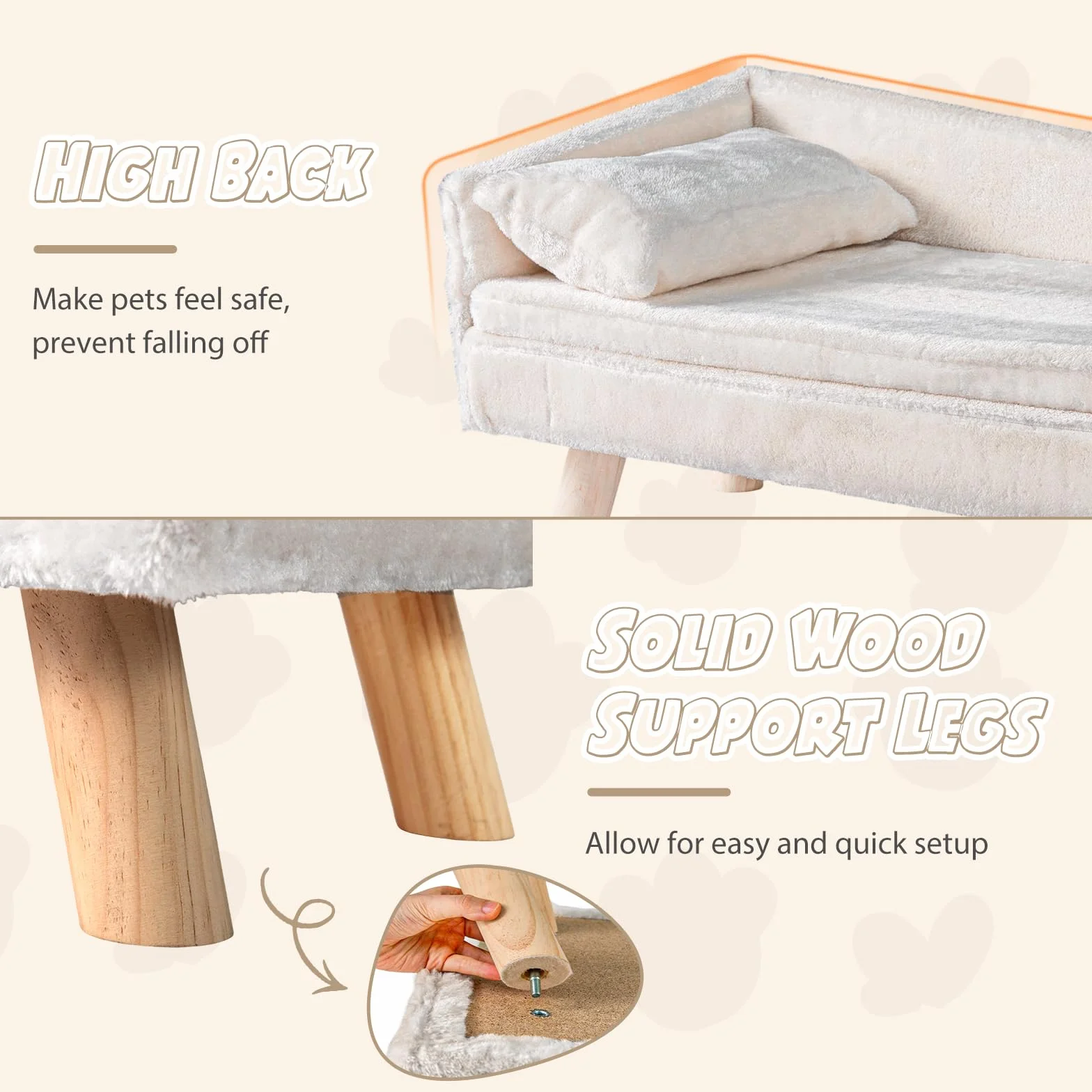 SOARS Divano per Cani con Schienale, Cuscino e Gambe in Legno, Letto per Cani di Media Taglia, Cuccia Rialzata, Divanetto per Animali Domestici, 71 x 43 x 40 cm, Beige