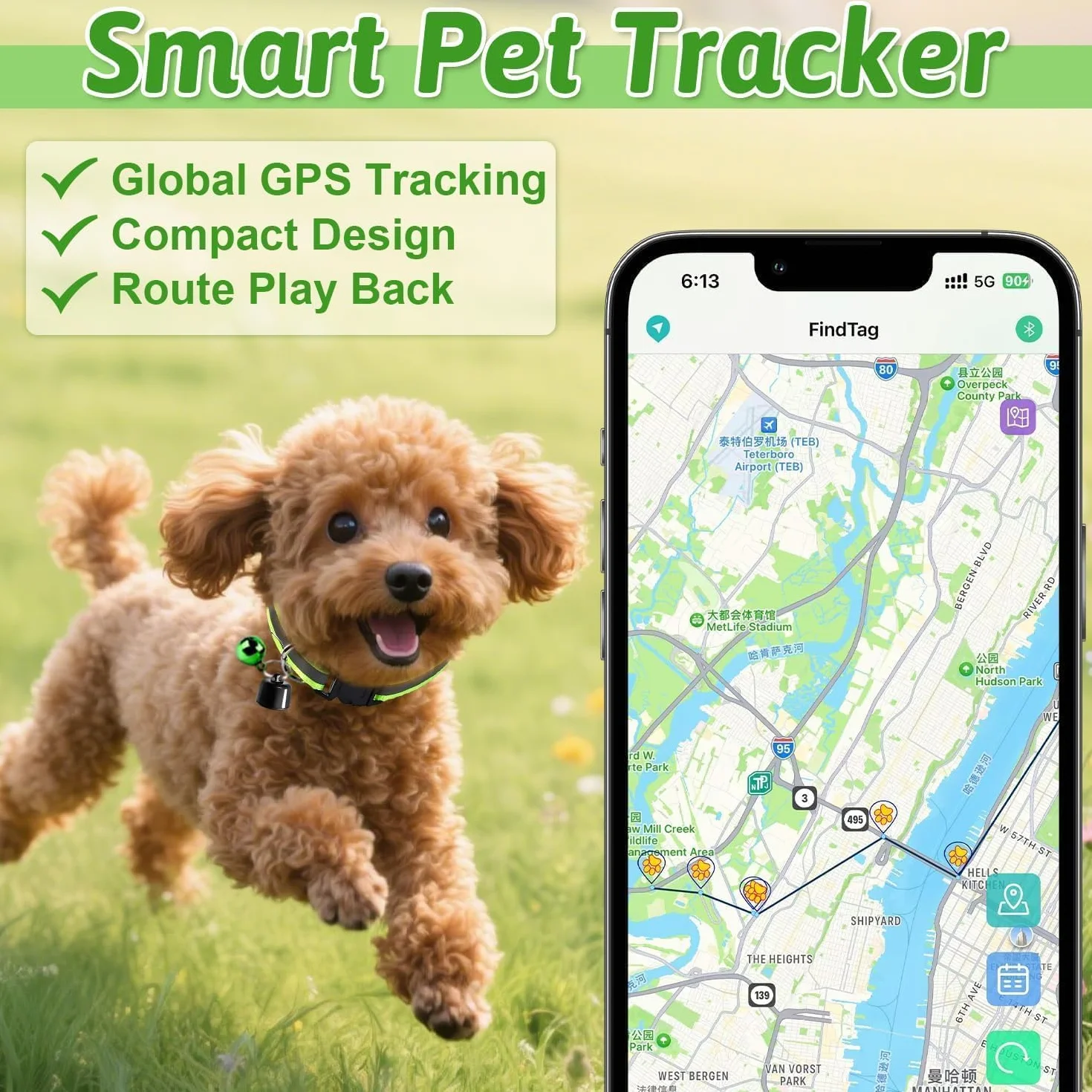 Collare GPS per Gatto Senza Abbonamento, Localizzatore GPS per Gatti con Tracciamento in Tempo Reale, Compatibile iOS/Android, Impermeabile, Batteria a Lunga Durata per Gatti e Gattini (Verde)