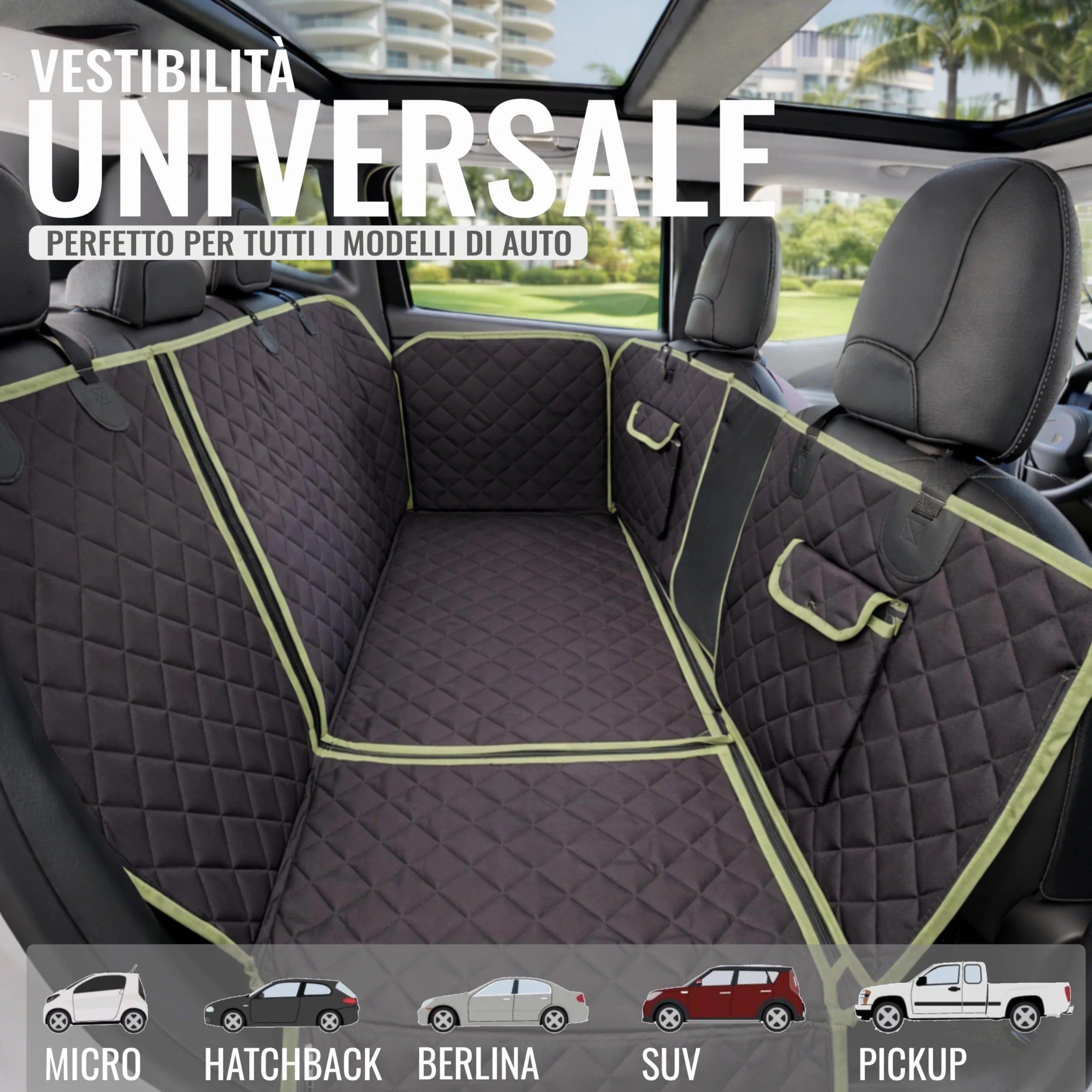 Telo Cane Auto Sedili Posteriori 6-in-1 | Telo Macchina per Cani Impermeabile 600D, Copertura Sedili Auto per Cani Universale con Finestra a Rete, Protezione Laterale