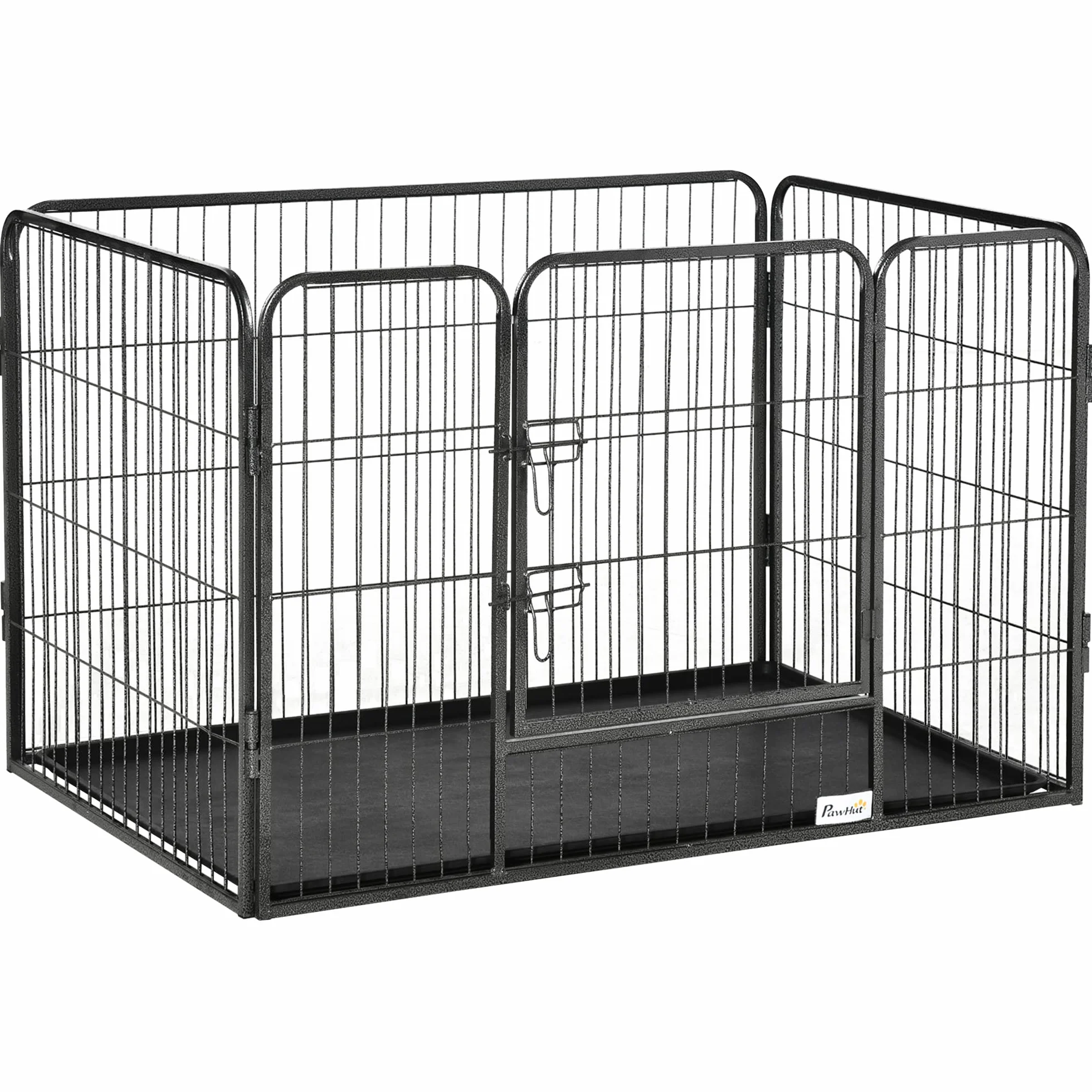 PawHut Box per Cani Recinzione in Metallo per Animali con 4 Pannelli, Porta con Doppio Blocco e Vassoio sul Fondo, 109x74x71cm, Grigio