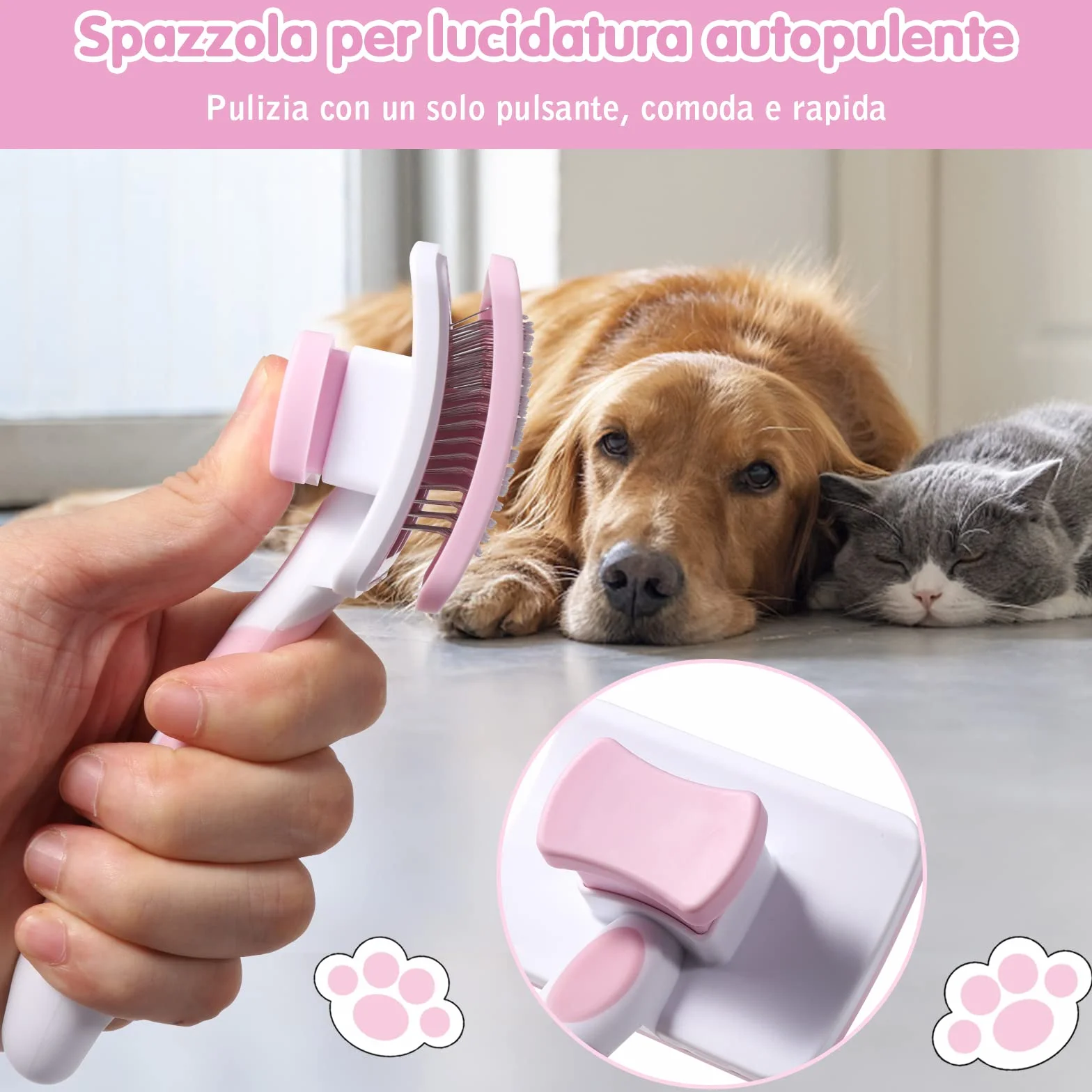 Vinabo Spazzola autopulente per animali domestici, spazzola per pelo lungo e corto, per cani e gatti, elimina efficacemente la tomentosi, sottopelo, grovigli, rosa