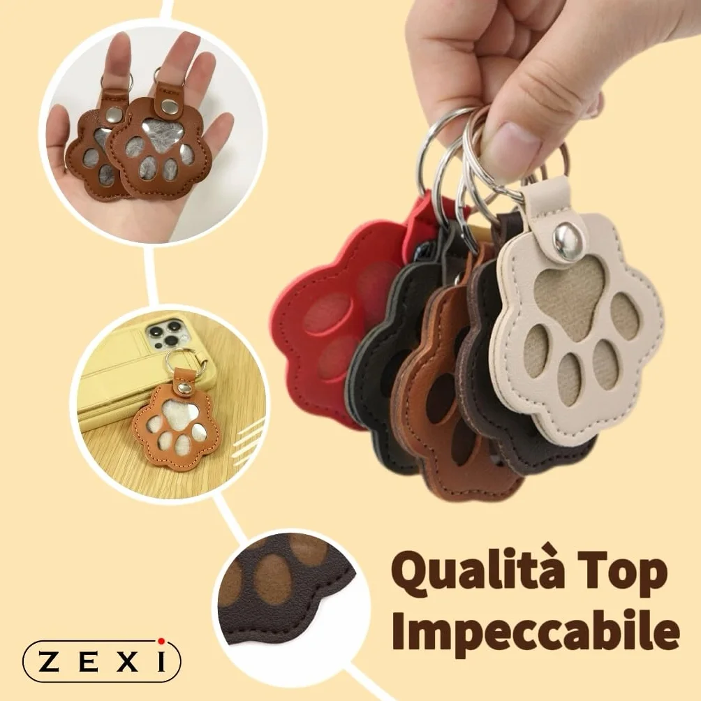 ZEXI 4 Portachiavi Raccogli Pelo per Cani e Gatti, Set da 4 Porta Pelo a Forma di Zampa per Pelo Animale, Accessorio per Cani Gatti, Pelle PU, Nero, Rosso, Marrone, Bianco