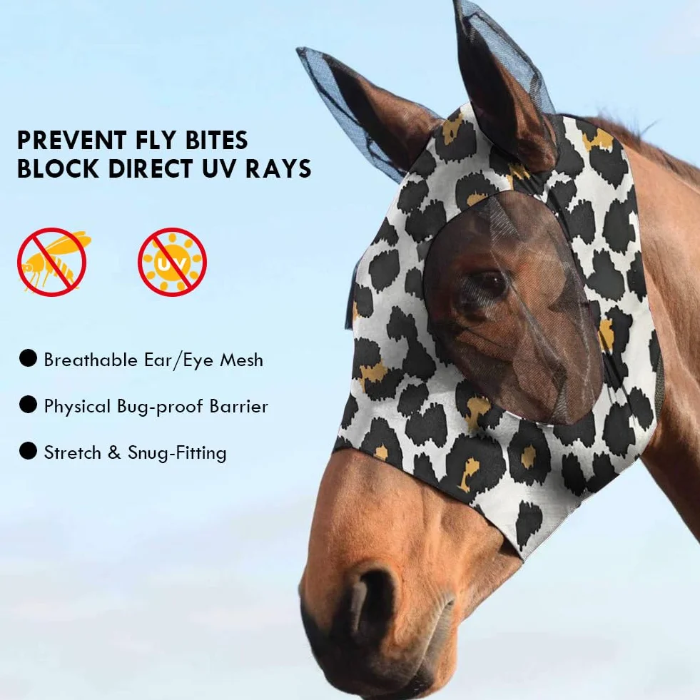 Maschera Antimosche per Cavallo, Maschera Mosche Cavallo Rete Morbida con Paraorecchie, Elasticità Maschera da Mosca per Cavallo con Protezione UV, Anti Mosca, Zanzare(stampa leopardata)