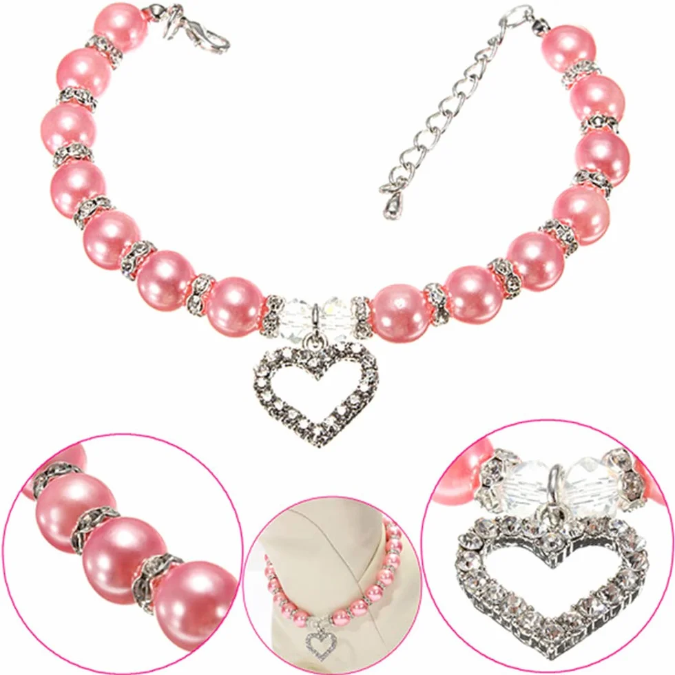 2 collane con perle per cani chihuahua, ciondolo cuore, accessori costume sposa, rosa e blu