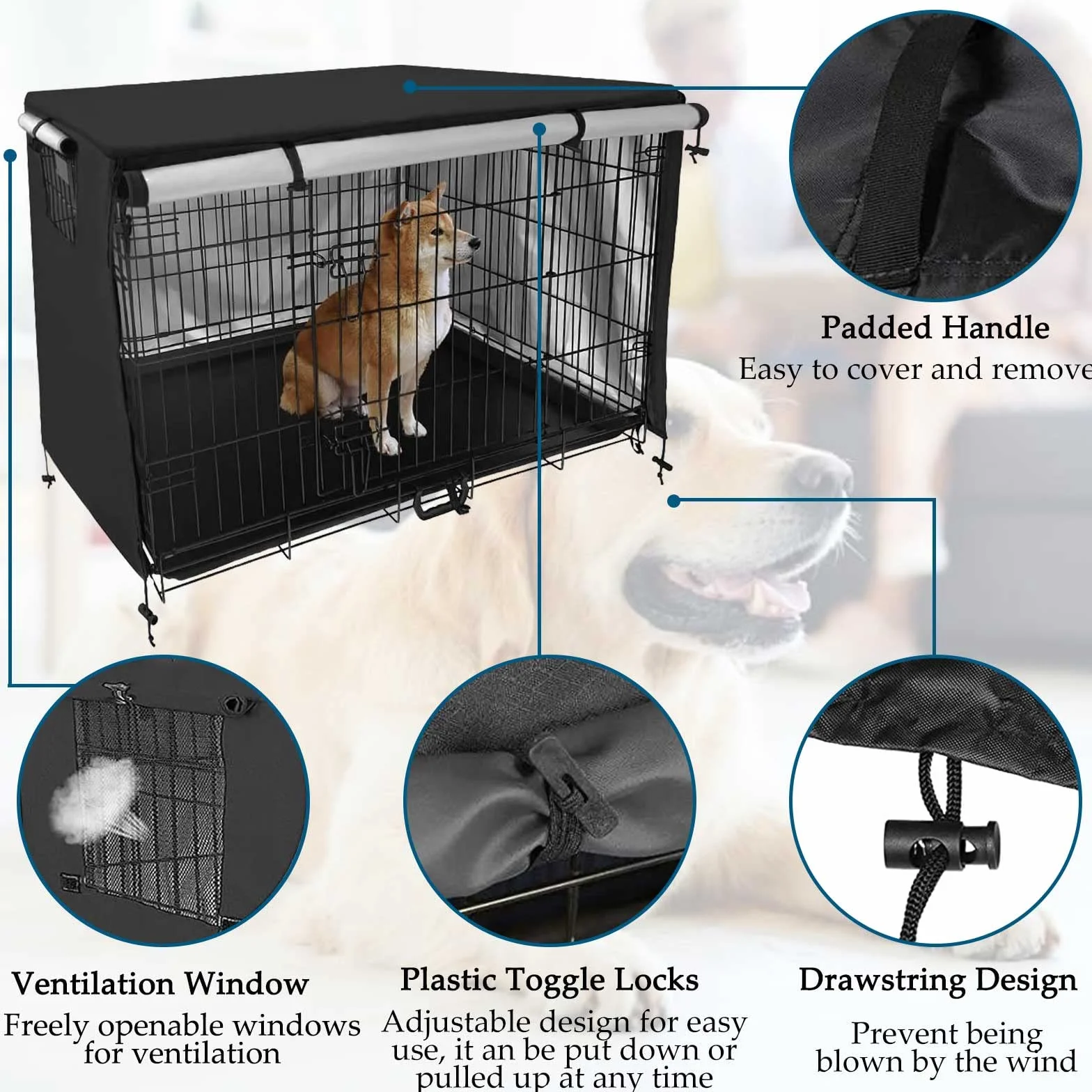 Copertura Gabbia per Cani Tela Oxford 210D Doppia Porta Impermeabile Ombreggiante Traspirante 95x61x64cm
