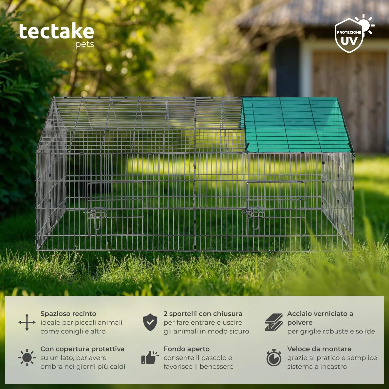 tectake® Gabbia da esterno per conigli, recinto con protezione parasole, griglia metallica resistente, conigliera, gabbia per piccoli animali, porcellini d'india, stabile, 180 x 75 x 75 cm - Verde