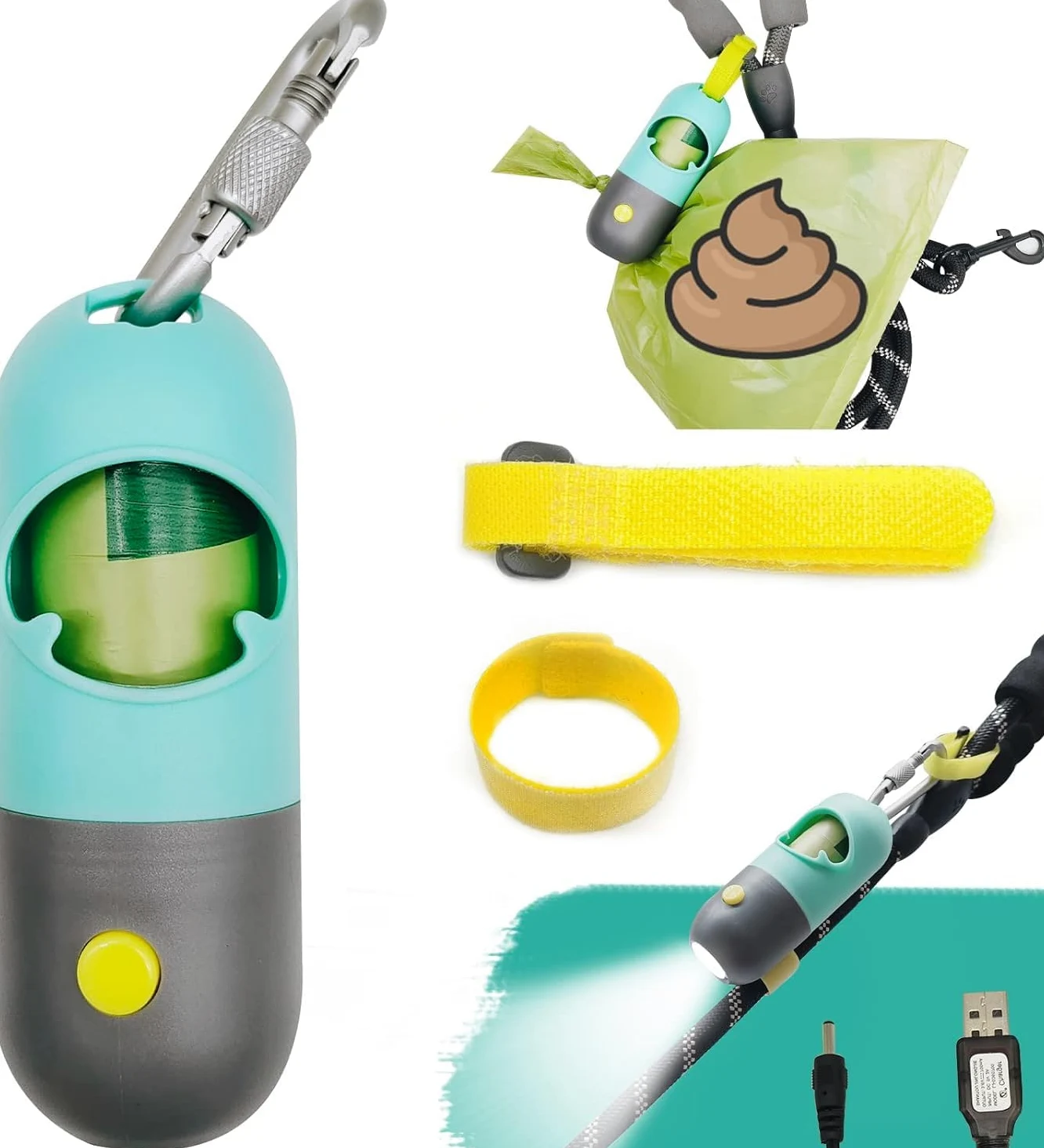 porta sacchetti per cani con torcia a LED integrata e fibbia catena per cani include 15 comodi sacchetti della spazzatura, cavo USB e fibbia in metallo D-ring (1 Holder 15 Bags,Verde)