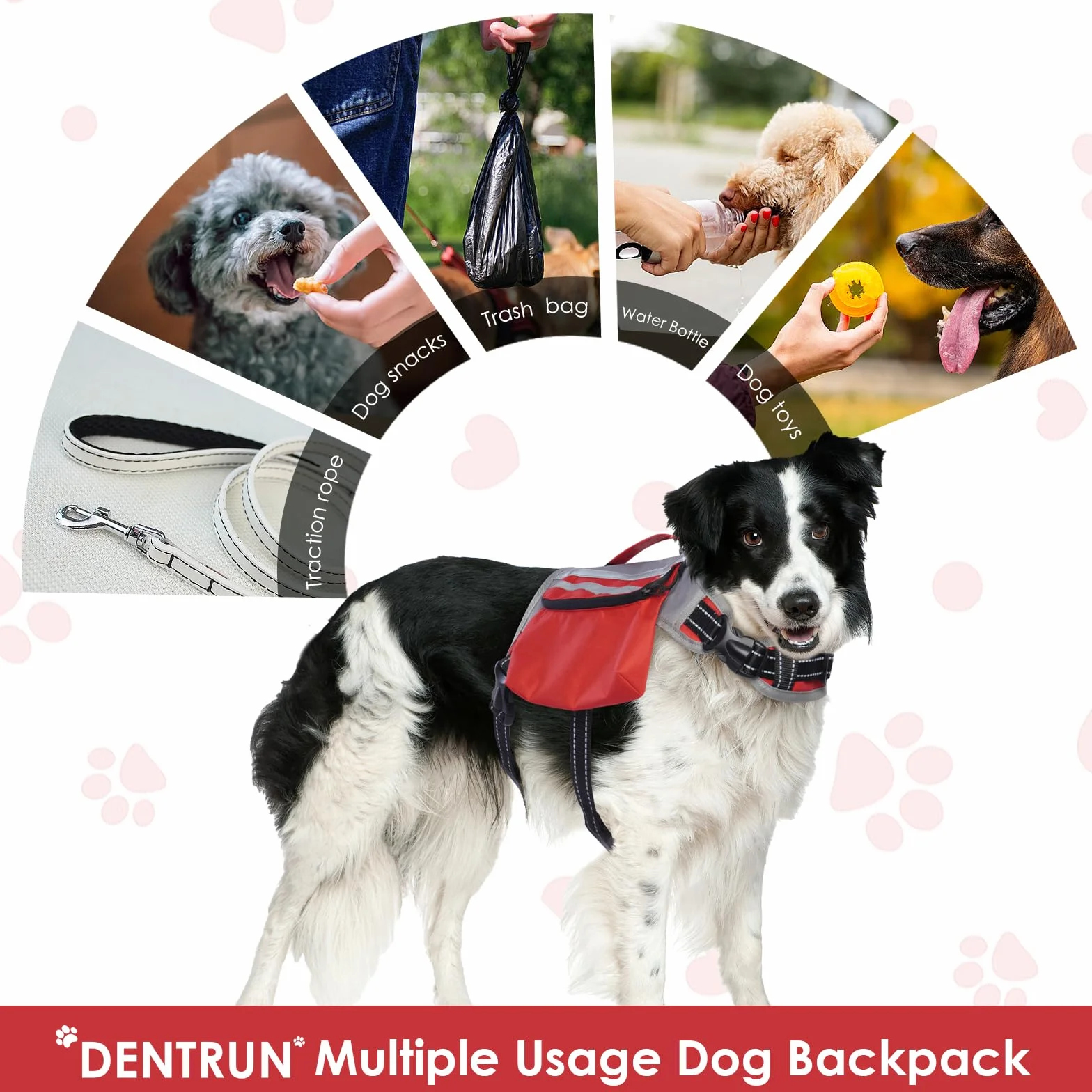 DENTRUN Zaino per cani con tasca laterale e tracolla regolabile, perfetto per viaggi con cani, escursioni e uso quotidiano