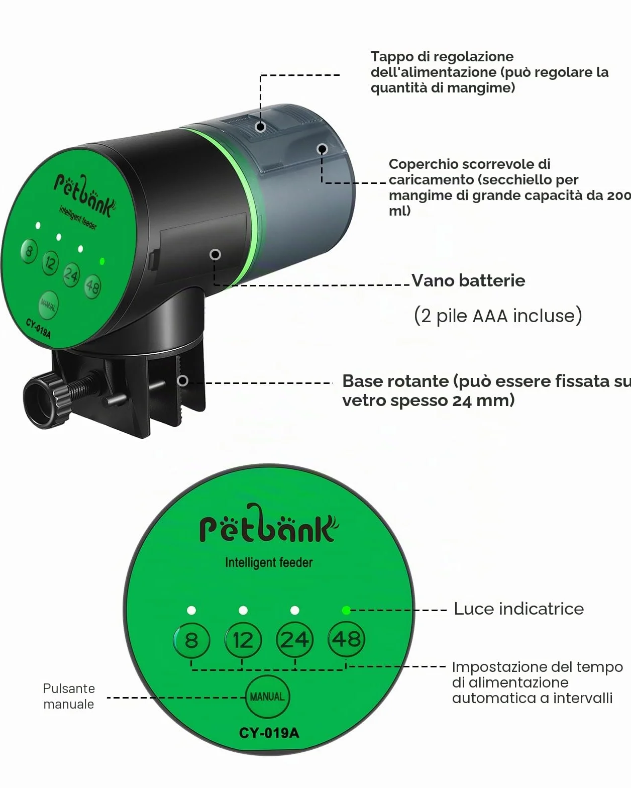 Mangiatoia automatica per acquario, distributore automatico di cibo per pesci, timer vacanze alimentato a batteria, alimentatore automatico per pesci, distributore automatico con 2 batterie
