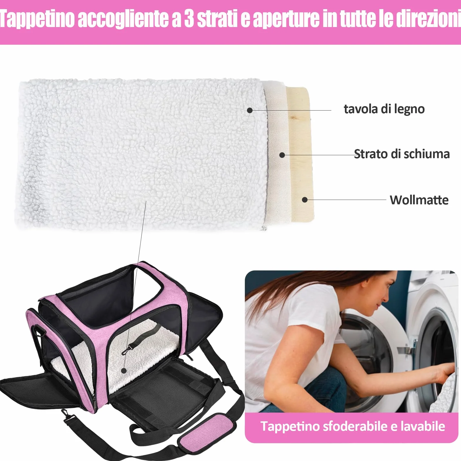 Trasportino per Cani e Gatti, Gabbietta Morbida per Animali Domestici, Tappetino Lavabile Rimovibile, con Tracolla, Borsa Ripiegabile Viaggio Sull' Aereo (L 50 x B 34 x H 34 cm, Rosa)