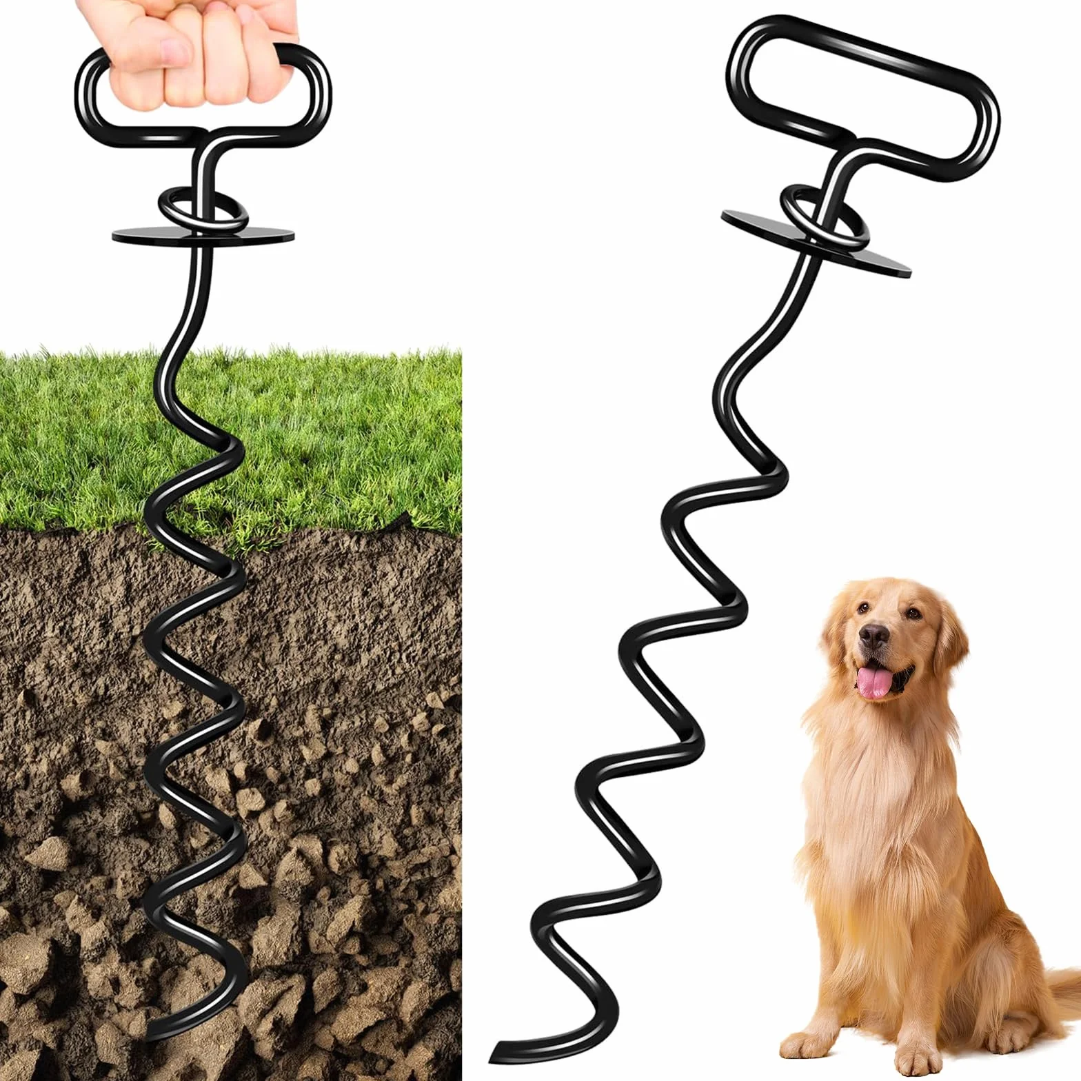 Picchetti per Cani, Modello a Spirale Trapezoidale Ancoraggio per Cani Terra, Anti-impigliamento a 360° Resistente Picchetto per Canis, per Esterni, Giardino, Cortile（Nero）