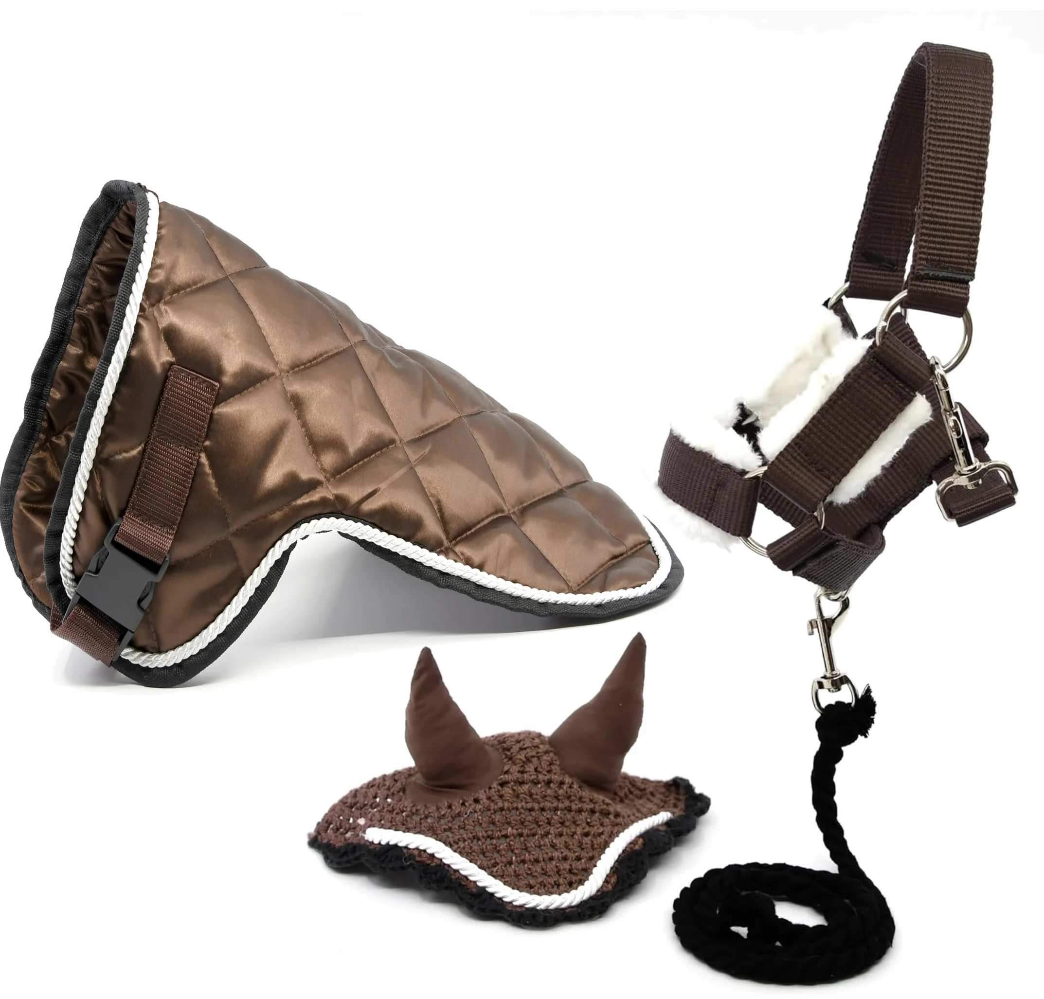 Set di accessori marrone cioccolato per Hobby Horse e cavallo stick: cavezza muta con cordino + coperta + berretto anti-mosche