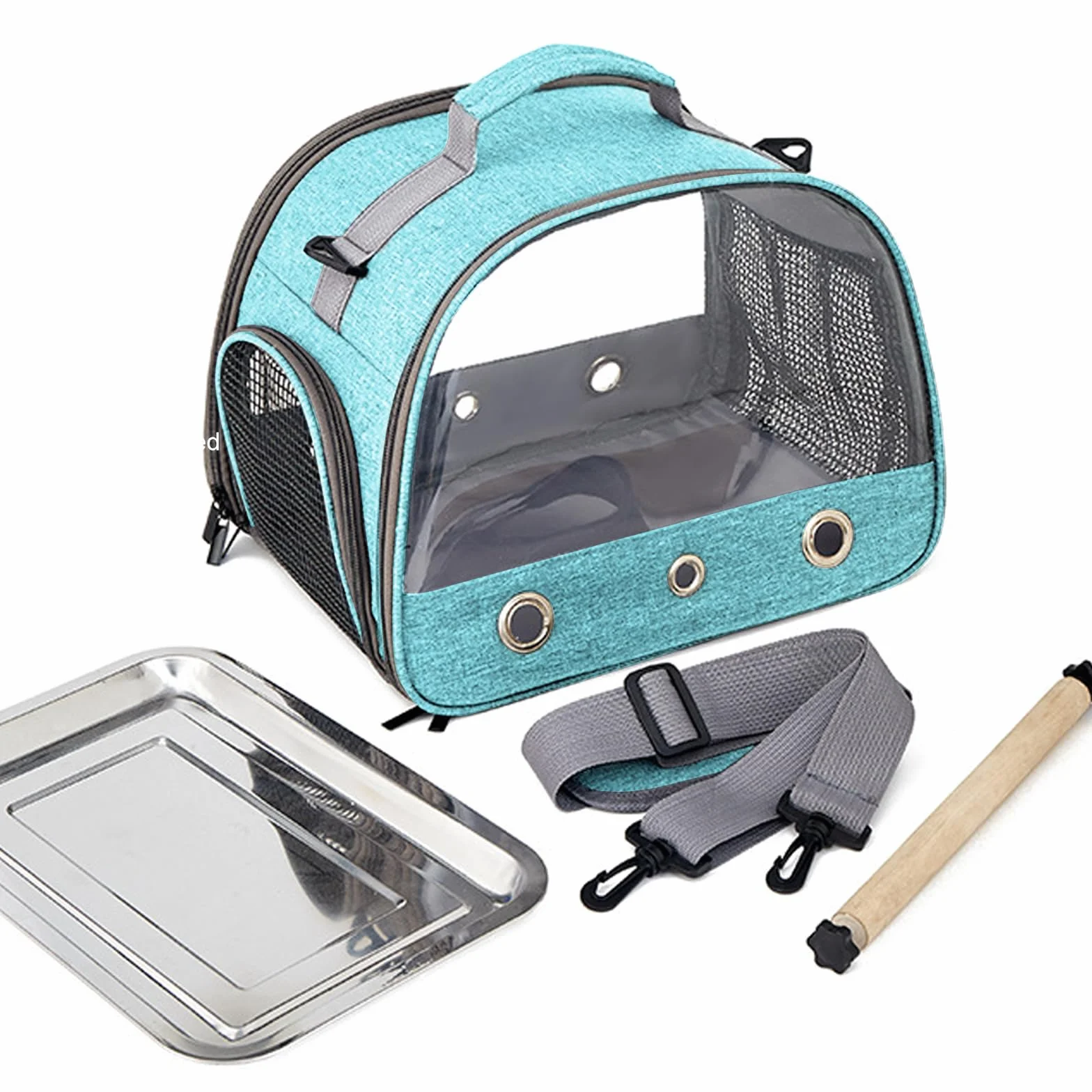 Borsa per il Trasporto di Uccelli con Asta e Vassoio in Acciaio Inox, Zaino Portatile per Pappagalli con Asta di Legno (Blue)
