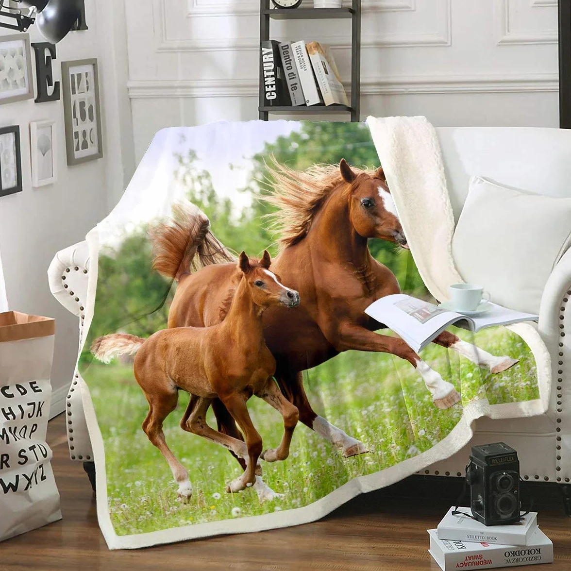 Coperta in pile con cavallo al galoppo, con stampa di cavalli, per divano e divano in 3D con animali selvatici in peluche, traspirante,