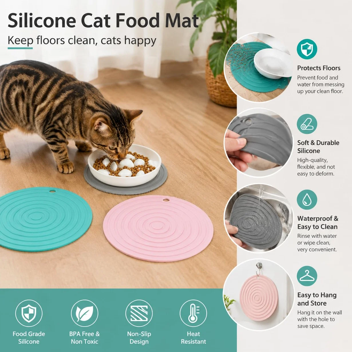 Tappetino Sottociotola per Cani e Gatti, Set 3 Pezzi in Silicone Antiscivolo Impermeabile, 2 x 16 cm e 1 x 18 cm, Base per Ciotole Cibo Acqua, Protezione Pavimento per Casa Viaggio e Campeggio