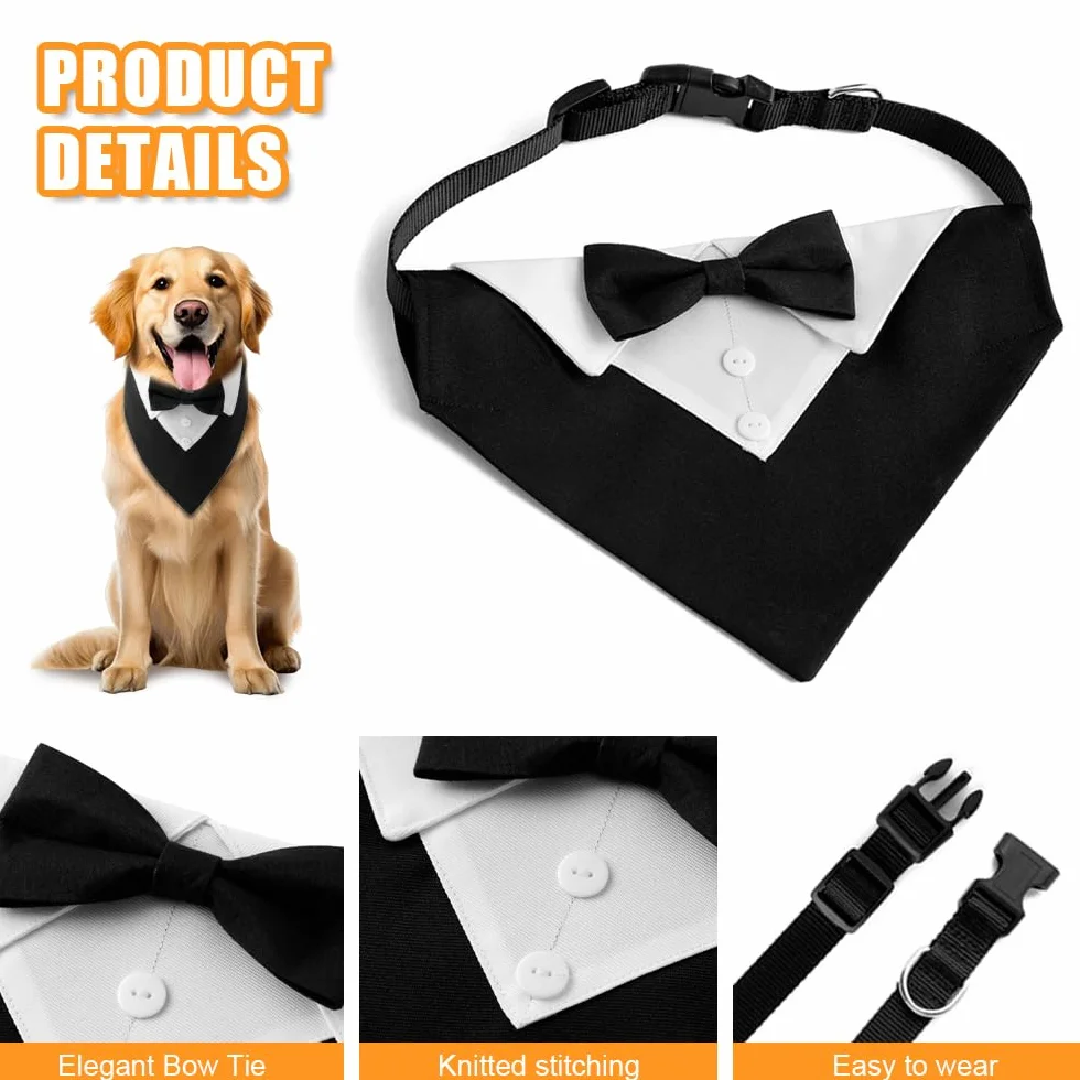 Bandana per Cani Formale 36-60 cm, Collare Smoking Cane con Foulard e Papillon, Sciarpa Cravatta Regolabile, Costume Elegante per Animali Domestici - Nero