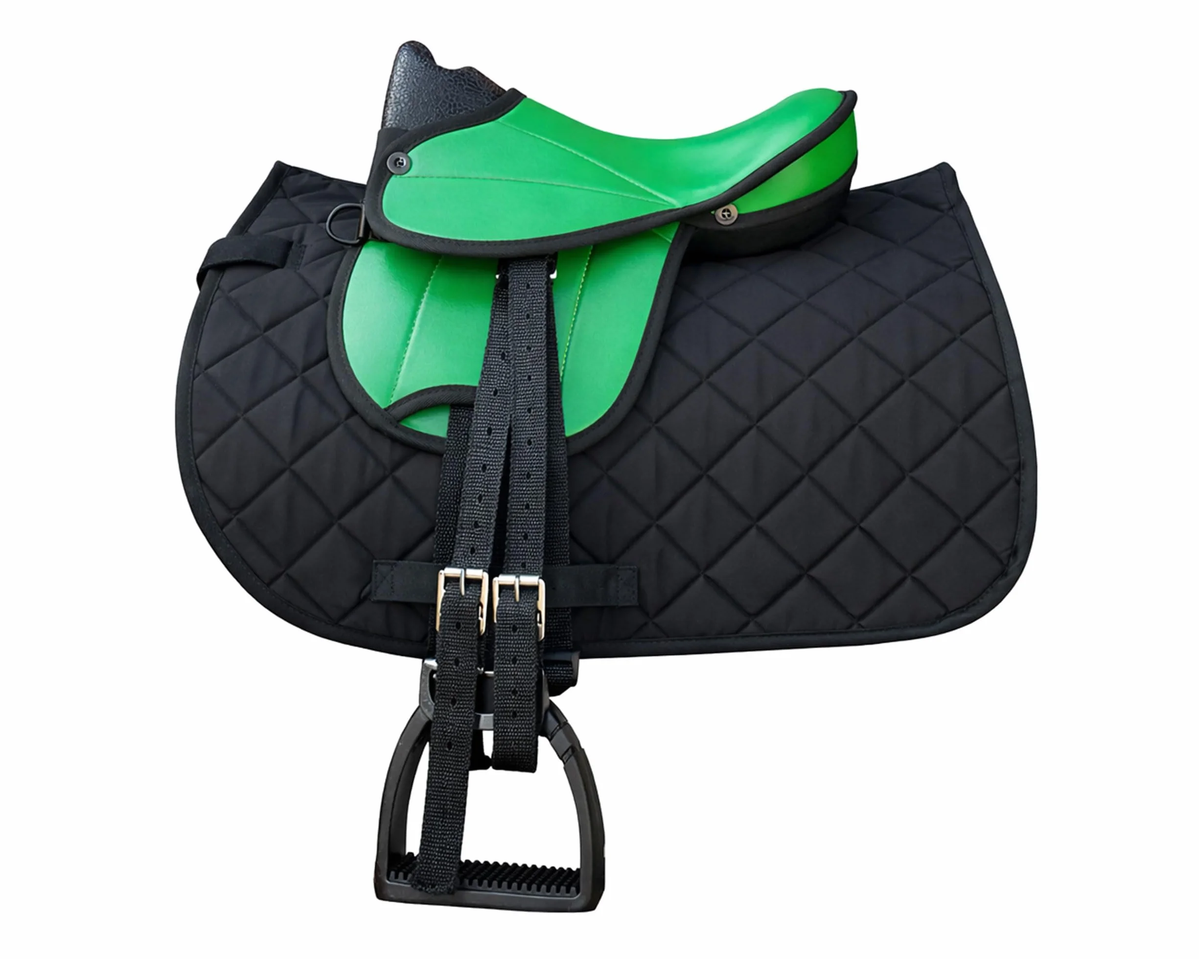 Brama West Set di sella per cavalli in legno per bambini "My Happy Pony" | Sella per Shetty Pony cavallo in legno | con copertura per sella, cinghia per sella, staffe e staffe (verde sella)