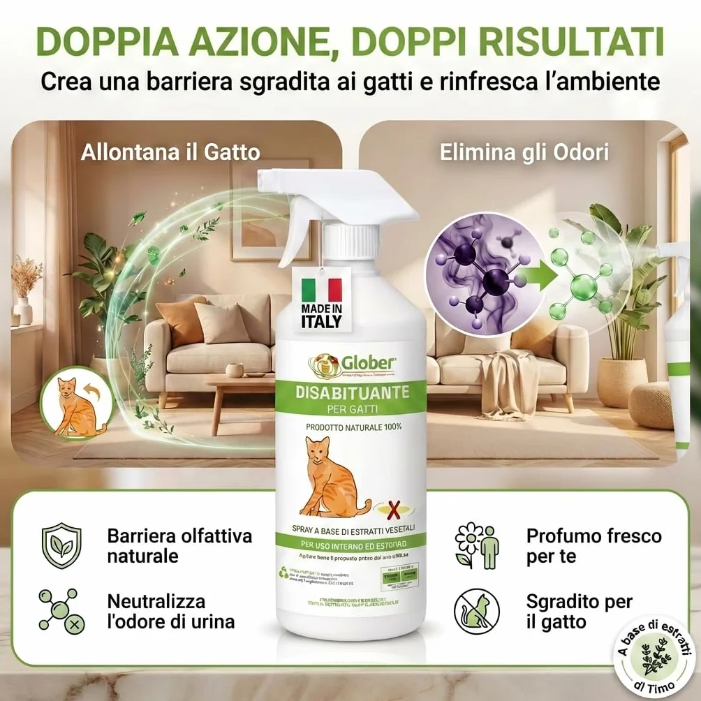 GLOBER Disabituante per Gatti Anti Urina - Spray 750ml - Made in Italy, 100% Base Vegetale per Interni ed Esterni - Addestrativo Urine Stop Gatto - Dissuasore Gatti e Elimina i Cattivi Odori