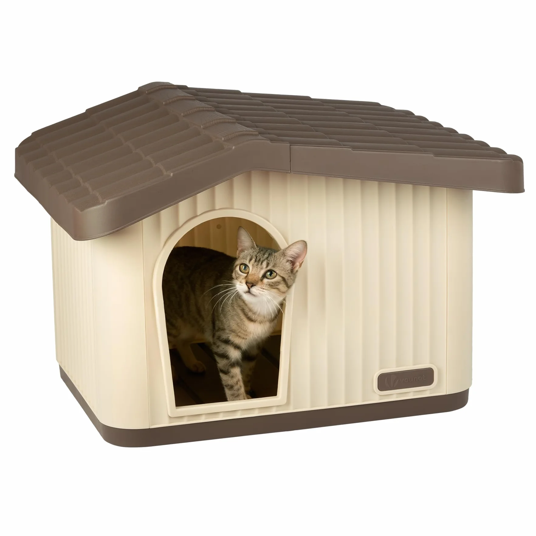 VOUNOT® Cuccia per Gatti e Cani Impermeabile con Tetto Inclinato, Casetta per Gatti da Esterno Aerazione e Piedini Antiscivolo, Cucce Confortevole per Gatto Cane o Coniglio, 60x51x41 cm, Beige