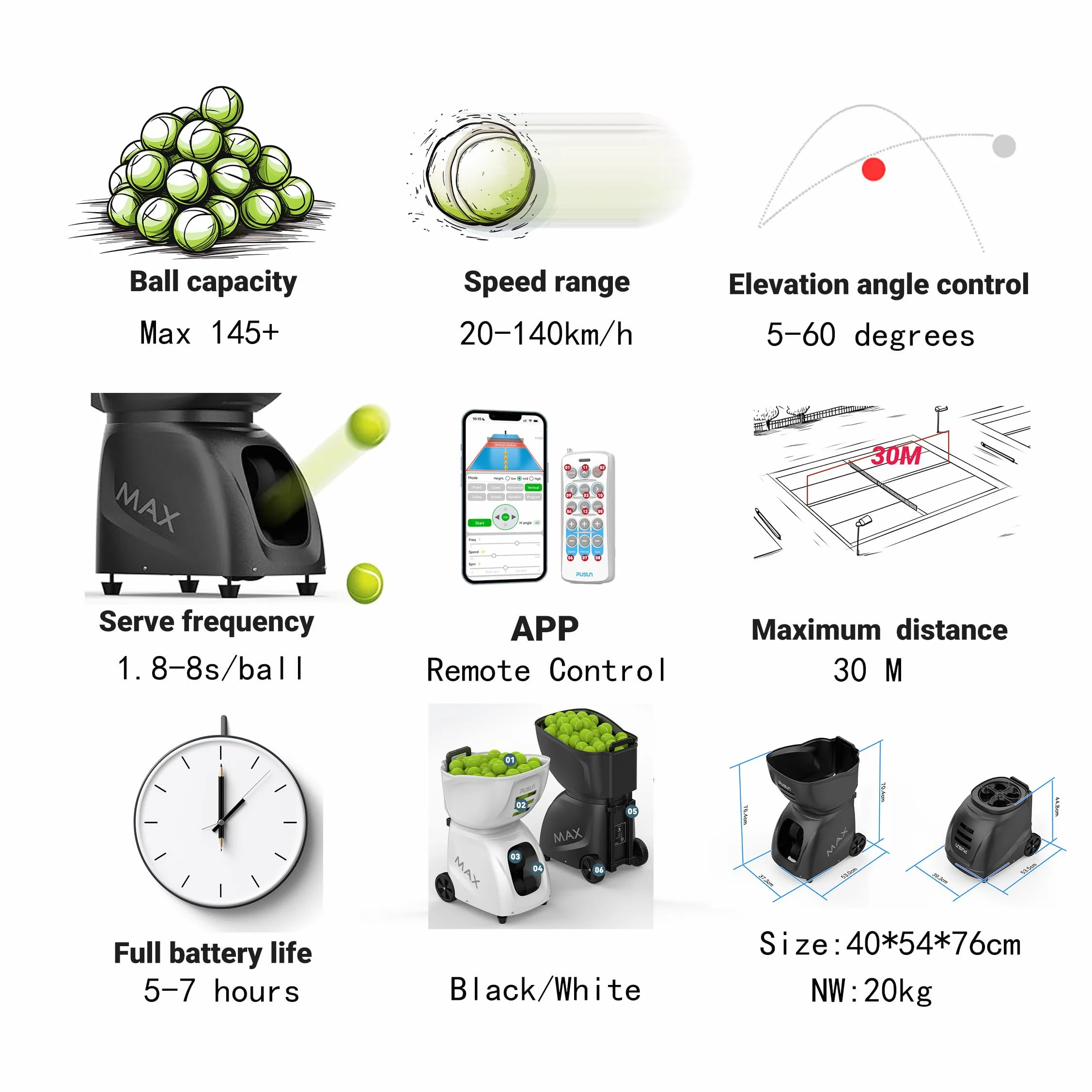 PUSUN PT-MAX C Macchina Lanciapalle Tennis e Padel, App, 35 Punti, 12/14 Modalità, Topspin e Backspin ±6, 12-87 MPH, 1-10 s/Palla, 120+ Palle, Batteria 6-8 ore, 98.4 FT di Portata, per Tutti i Livelli