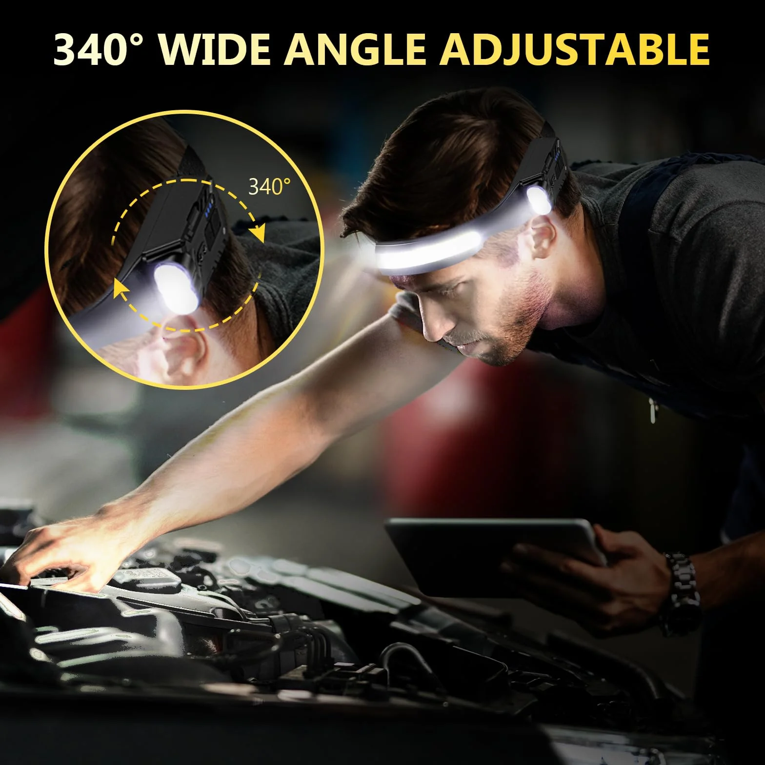 Diboniur Torcia Frontale LED Ricaricabile con Sensore Movimento 8 Modalità IPX4 340° Angolo Ampio per Campeggio Corsa