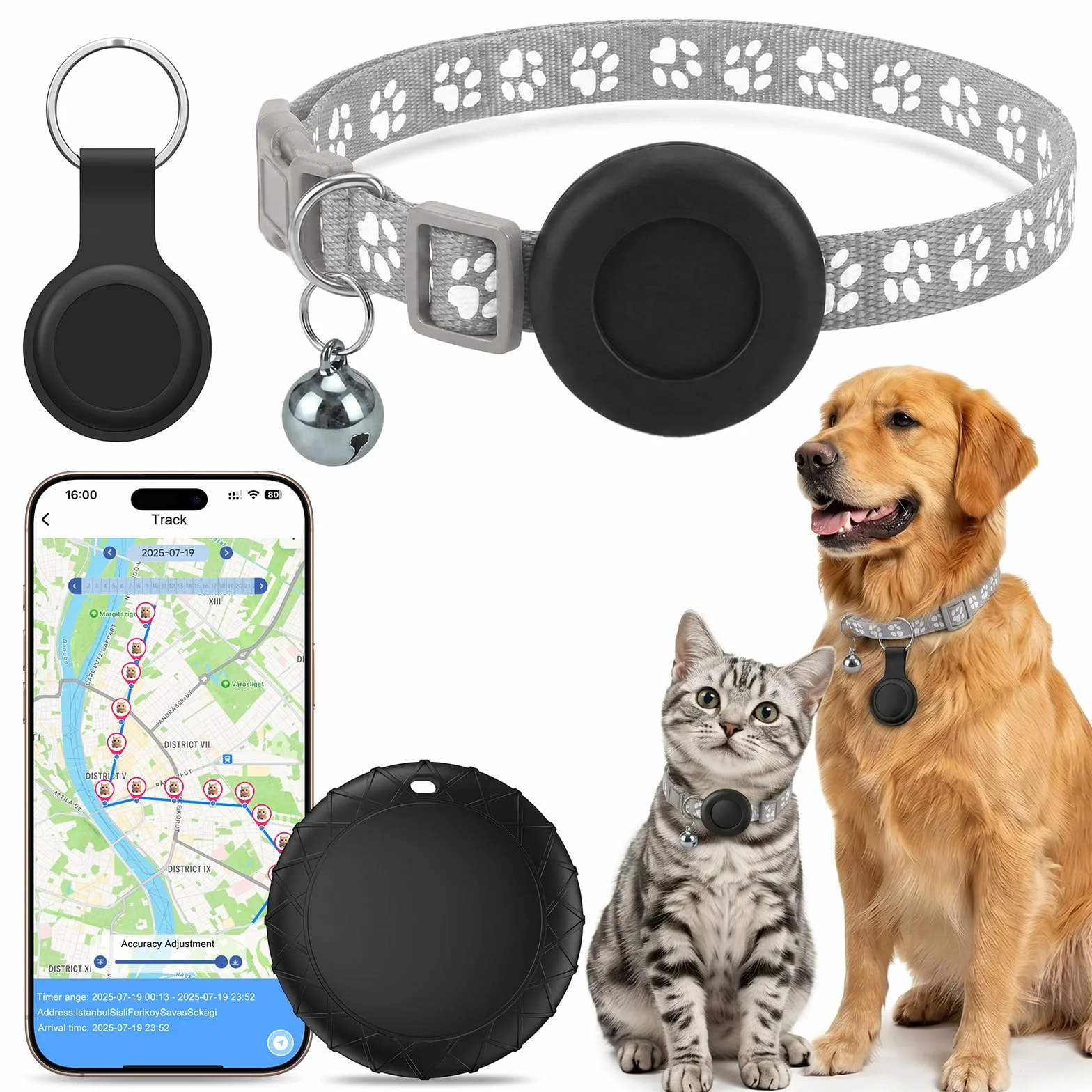 GPS per Cani, Collare GPS Gatto con Tracciamento in Tempo Reale, Localizzatori GPS per Cani, Posizionamento Globale Compatibile con iOS e Android, Impermeabile IPX6, Nessun Abbonamento - Grigio