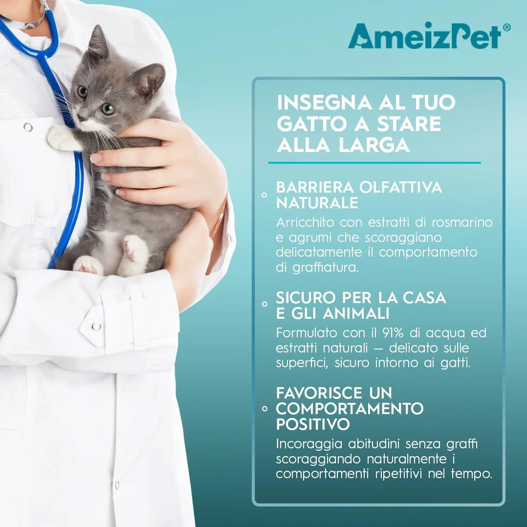 AmeizPet Spray Disabituante per Gatti, Repellente per Gatti, Smetti di Graffiare Mobili, Tappeti, Tende e Piante, Soluzione Sicura ed Efficace, Uso Interno & Esterno, 50 ml (1,69 FL oz)
