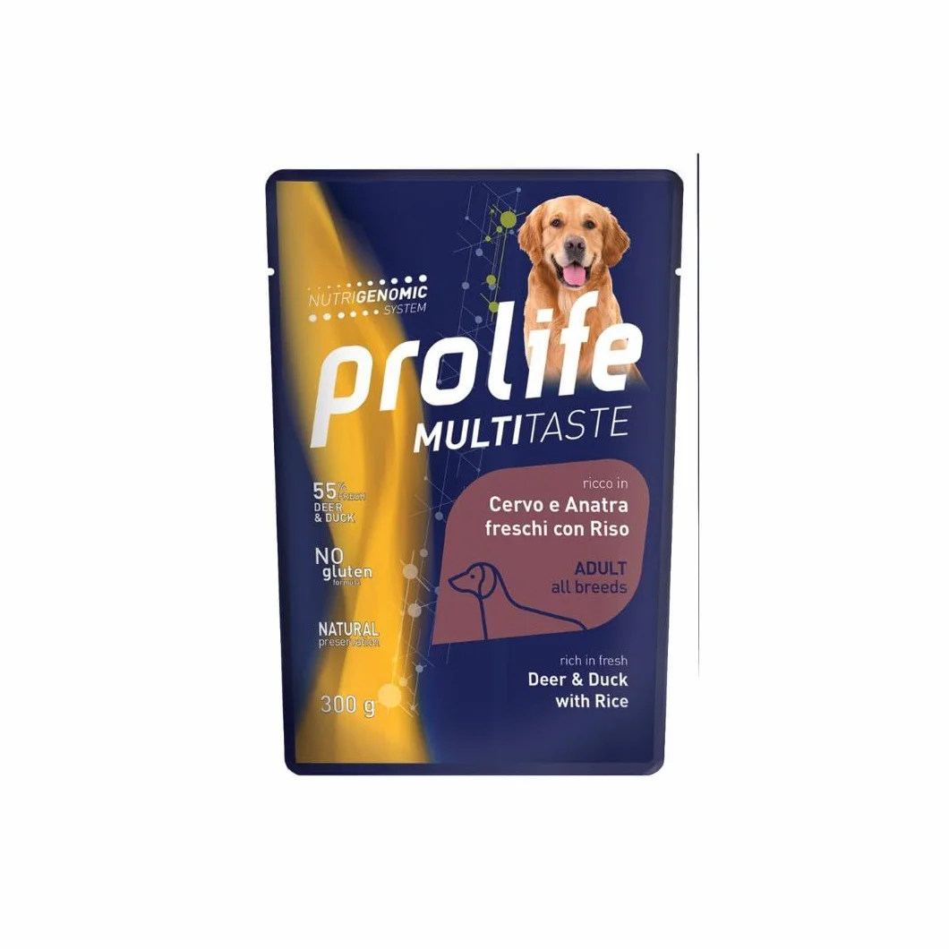 Prolife Umido Cane Multitaste 300gr, alimento completo di qualità per cani adulti di tutte le taglie, gusto CERVO, ANATRA e RISO | 6 bustine da 300 grammi l’una.