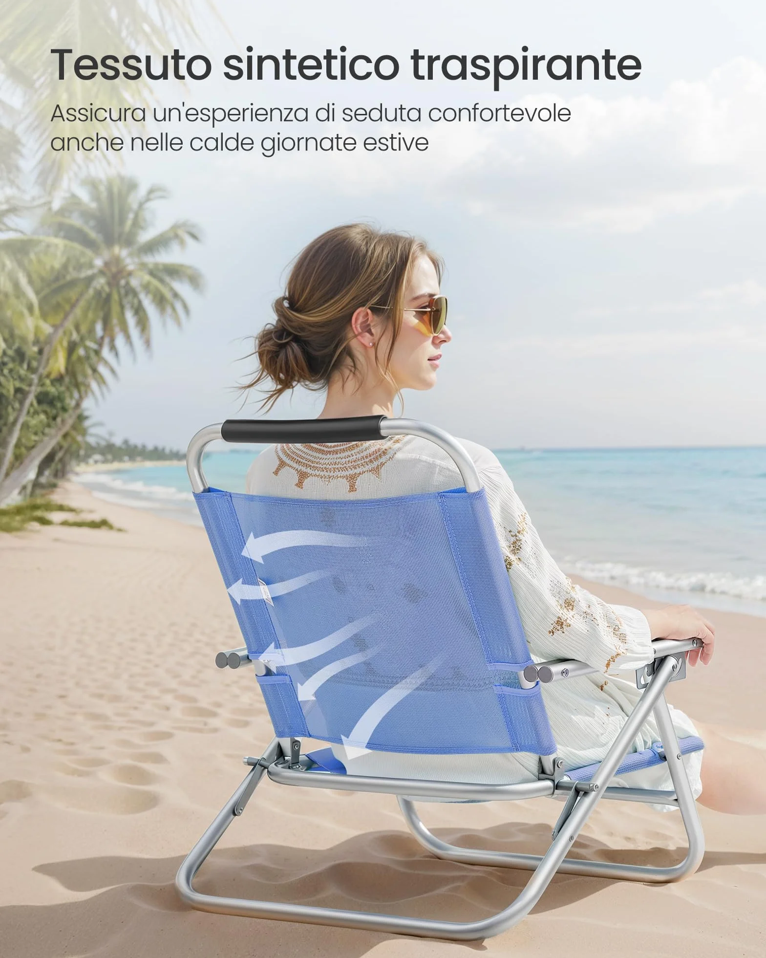 SONGMICS Sedia da Spiaggia Pieghevole Portatile Schienale Regolabile 4 Angoli Braccioli Traspirante Blu GCB65BU
