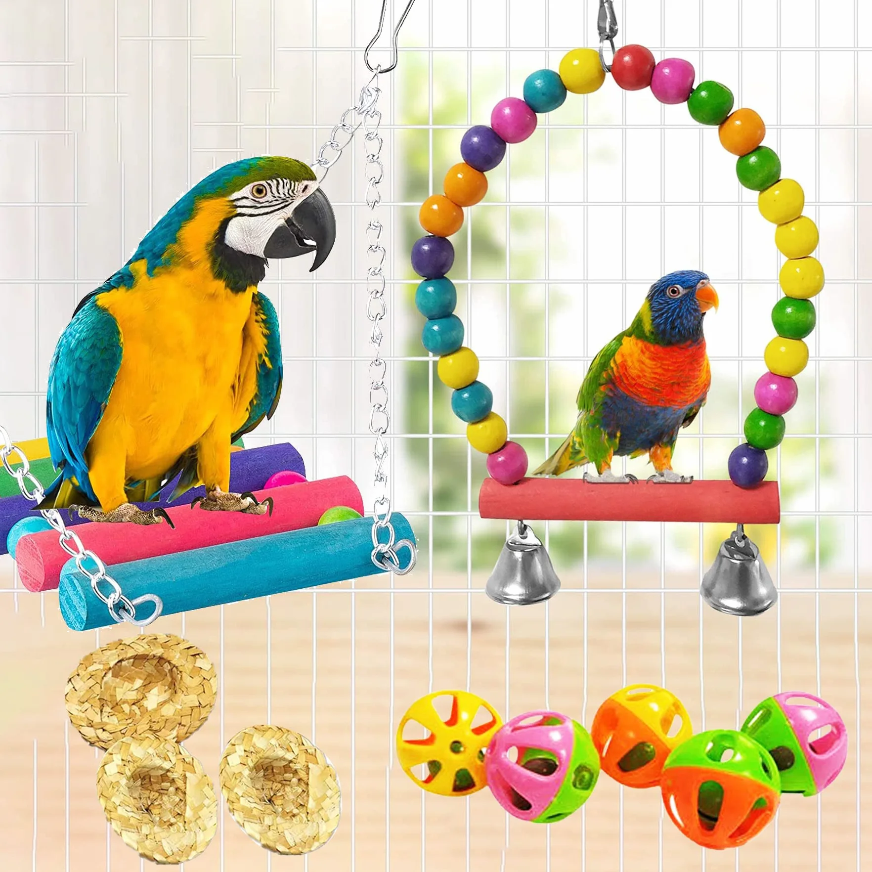 Allazone Giochi per Uccelli Pappagalli 17 Pezzi Giocattoli Gabbia Addestramento Pappagallo Cockatiel Love Birds Fringuelli