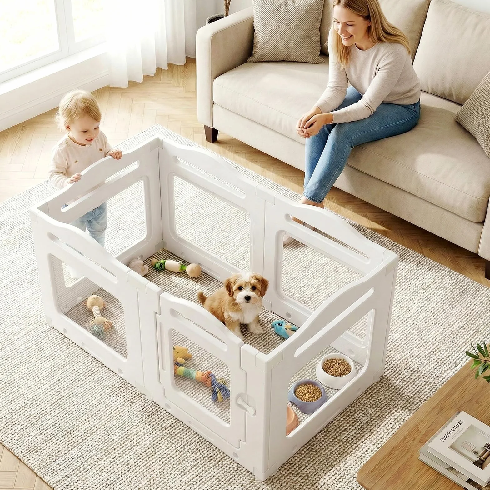 MAMIZO Recinto per Cani Acrilico 129 × 68 × 60 cm, Box per Cuccioli con Ventose, Box per il Parto Cani con Porta a Chiusura, 6PCS Pannelli Parco per Cani adatto Appartamento, Bianco