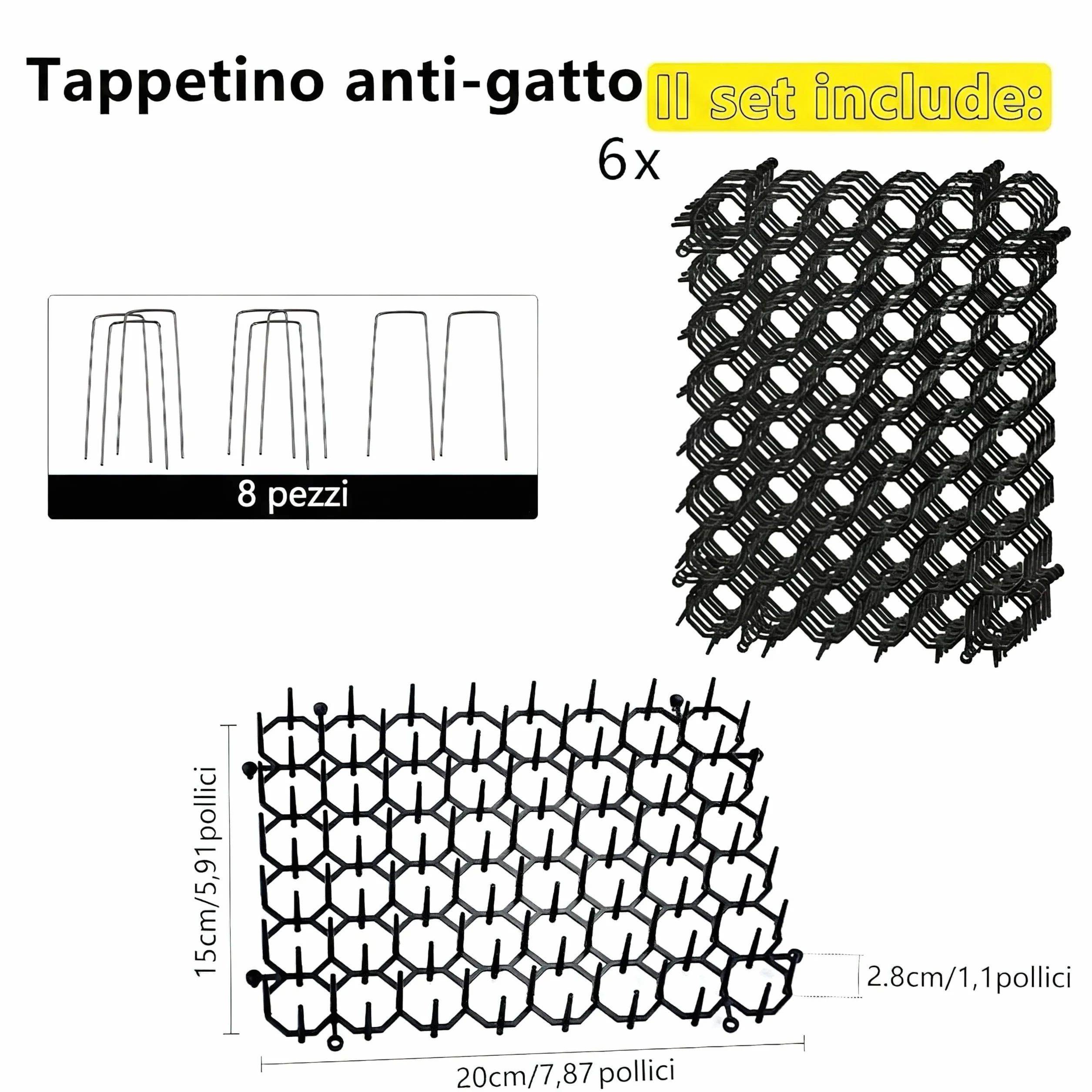 Tappetini Dissuasori per Gatti (Set da 6, 20x15cm) - Repellente con 8 Picchetti di Fissaggio - Griglia con Punte per Giardino, Divano - Barriera Interno/Esterno
