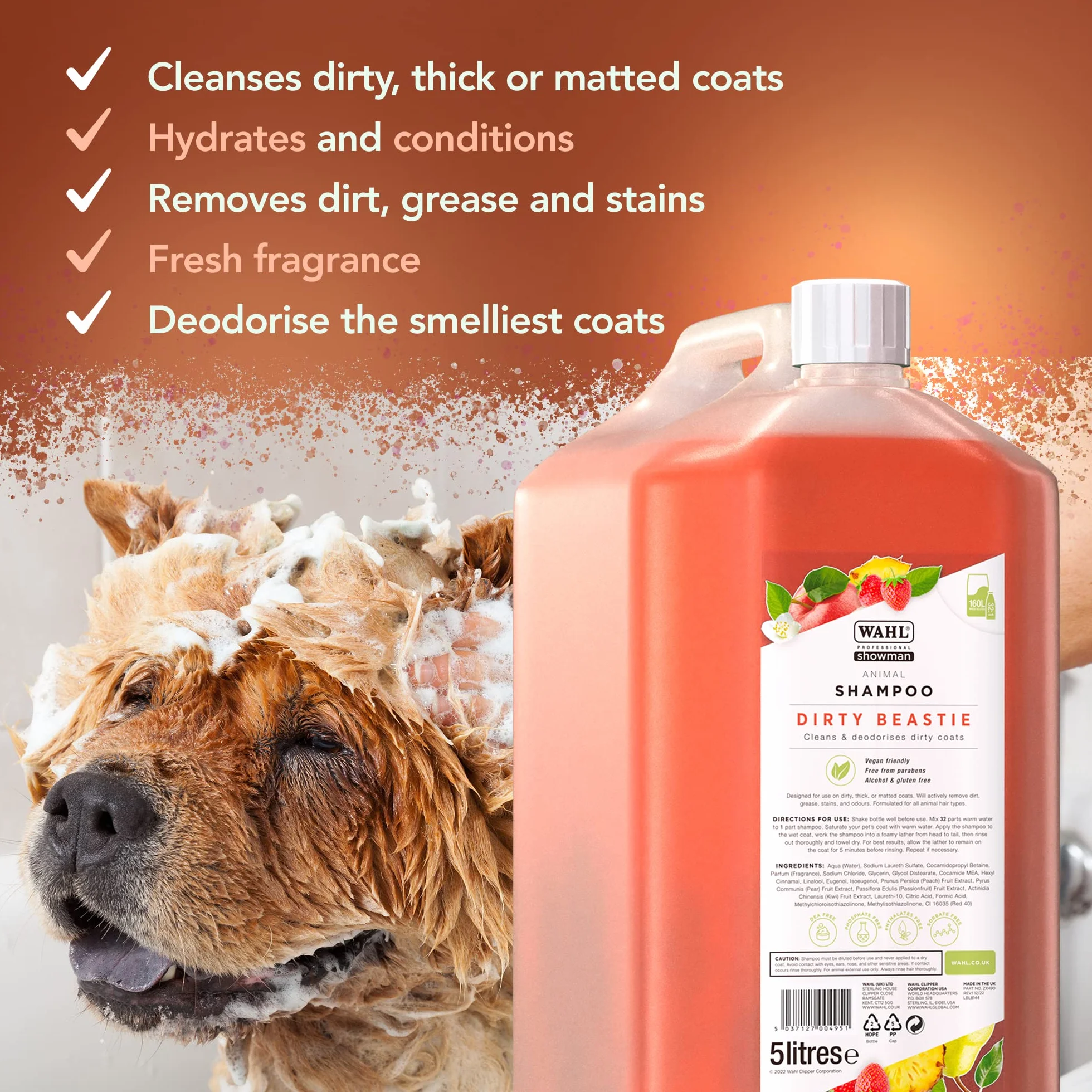 WAHL Dirty Beastie Dog Shampoo - 5 litri, concentrato 32:1, formula vegana per manti sporchi, folti o arruffati, pulisce e deodora