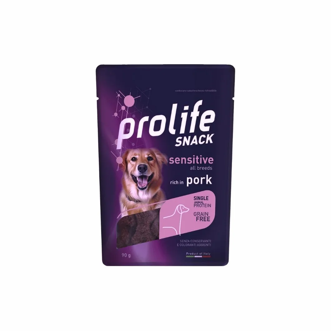 Prolife Snack Cane Adult Sensitive gusto MAIALE, snack per cani adulti di tutte le taglie senza conservanti e senza cereali, grainfree, monoproteico | 3 bustine da 90 grammi l’una.
