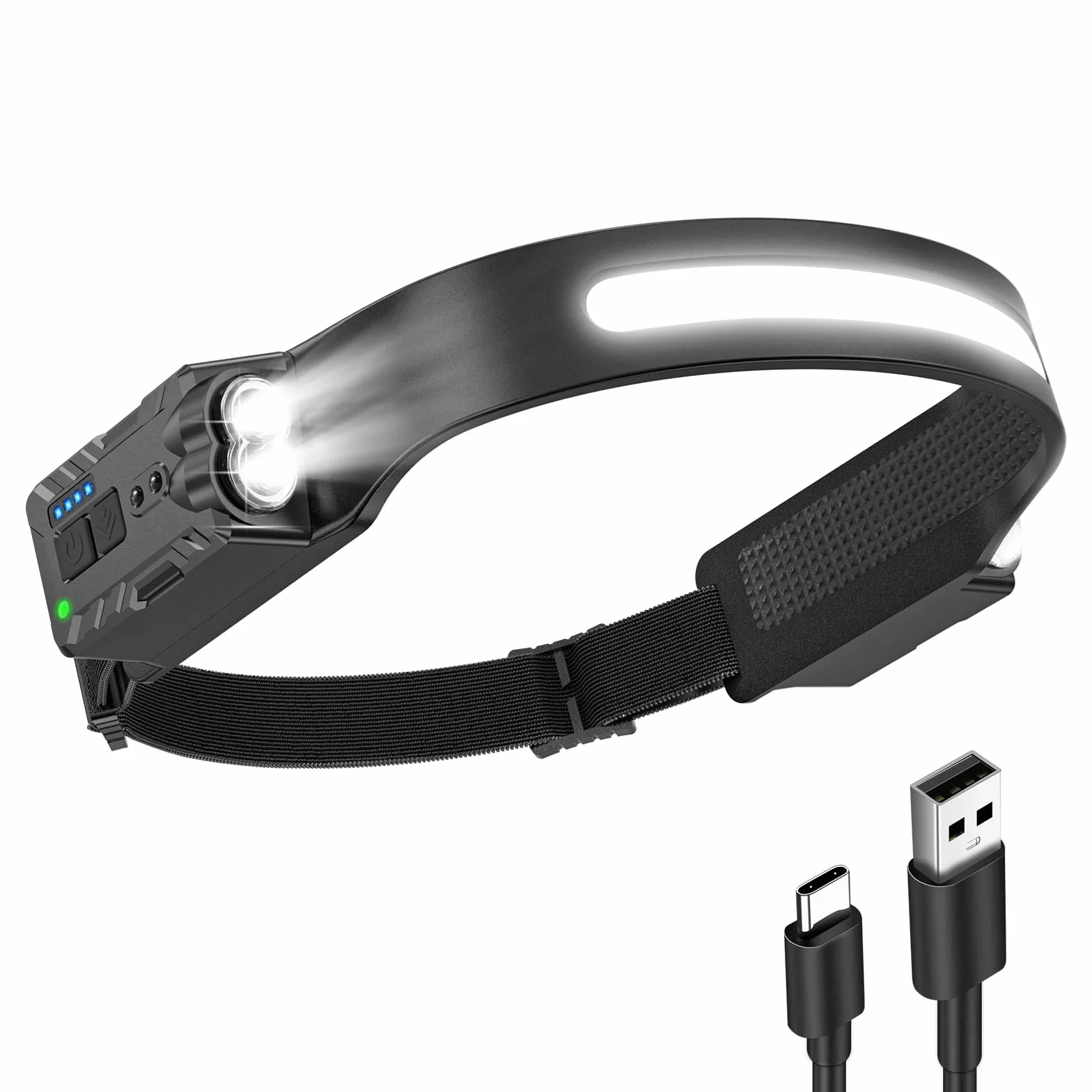 Diboniur Torcia Frontale LED Ricaricabile con Sensore Movimento 8 Modalità IPX4 340° Angolo Ampio per Campeggio Corsa