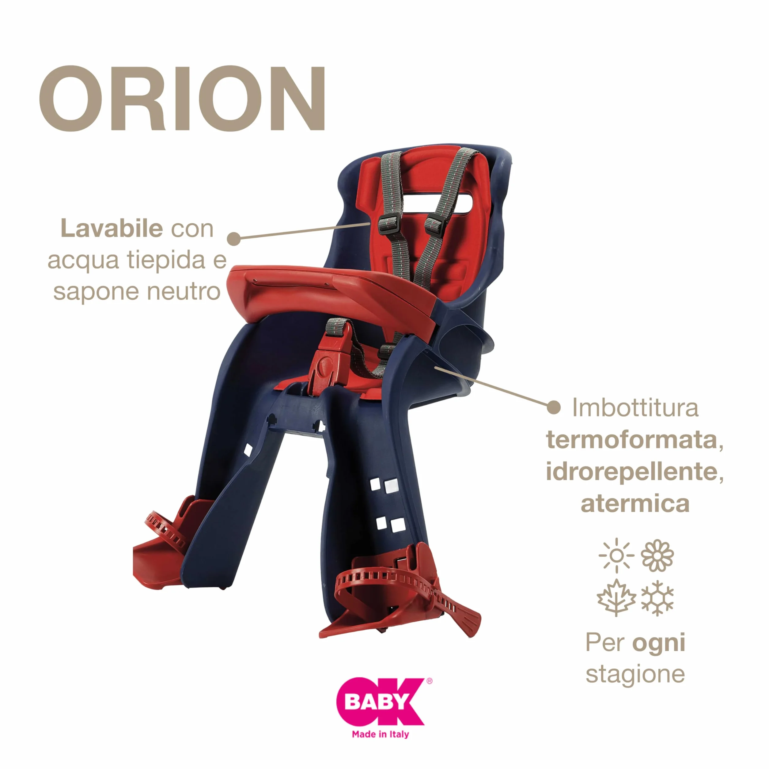 OKBABY Orion - Seggiolino Anteriore per Bambini, Sicurezza in Bicicletta dai 7/8 Mesi (15 kg), Compatibile con biciclette elettriche a pedalata assistita, Blu e Rosso, 54x45x33 cm (HxLxP)