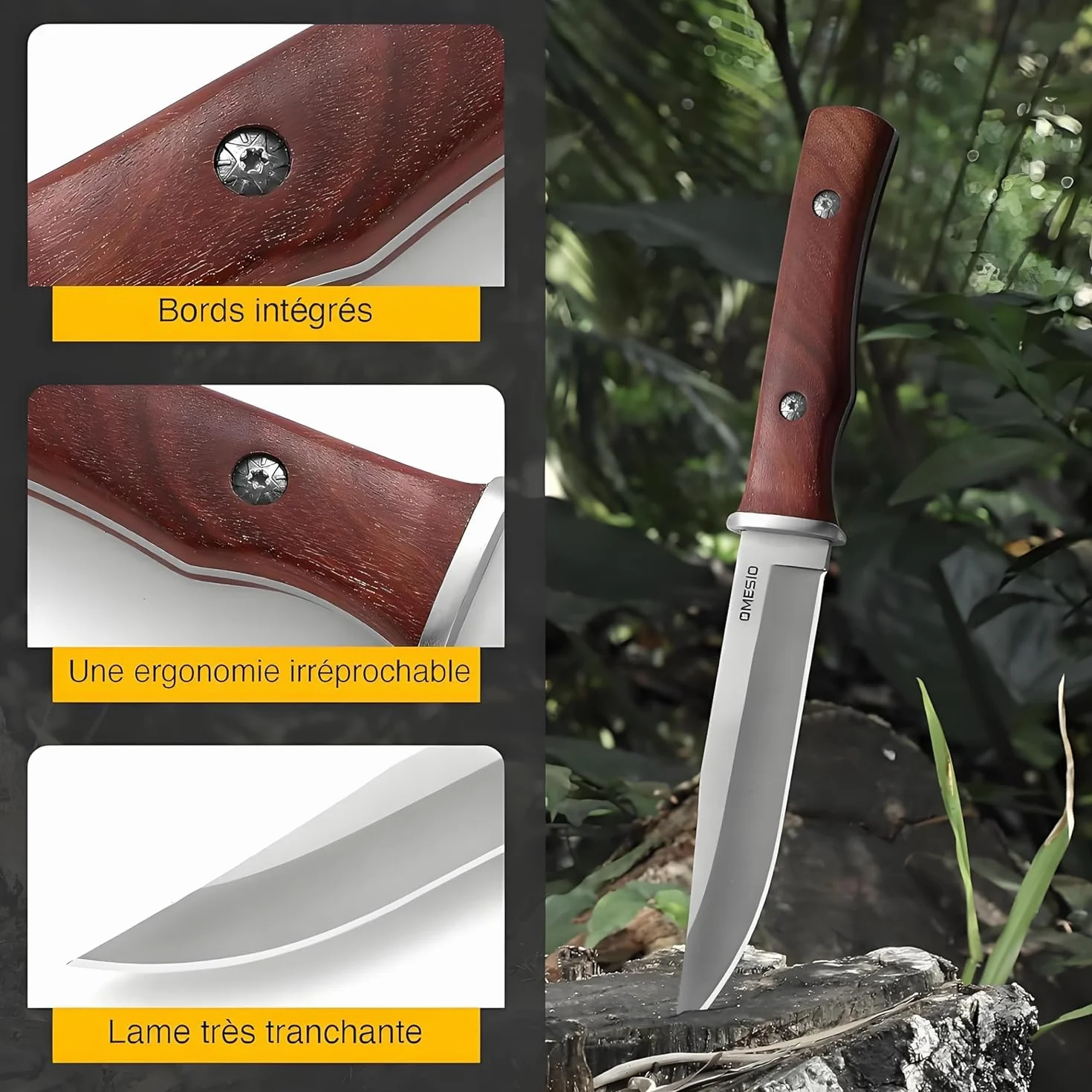 Omesio Coltello Da Sopravvivenza Outdoor Coltello Da Caccia Coltello Outdoor con Fodero in Pelle Coltello Da Giungla con Lama Affilata Robusto Per La Sopravvivenza e Il Campeggio Manico in Legno