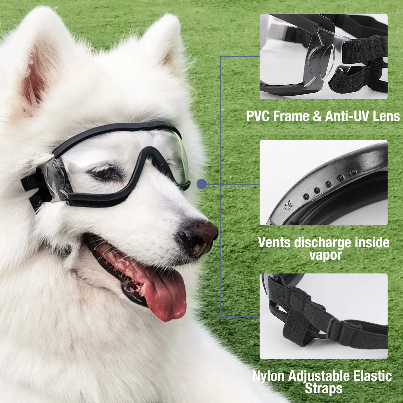 Namsan Occhiali da sole per cani - Regolabili, impermeabili, antivento - Occhiali di protezione per cani di taglia media/grande - Trasparente
