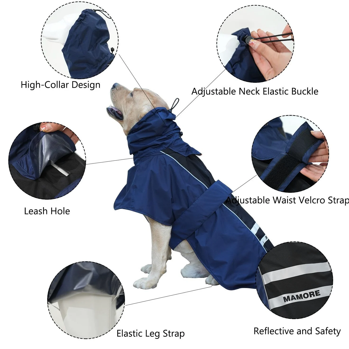 MAMORE Impermeabile per cani, leggero, con striscia riflettente, regolabile, con foro per imbracatura (blu navy e nero, XXL)