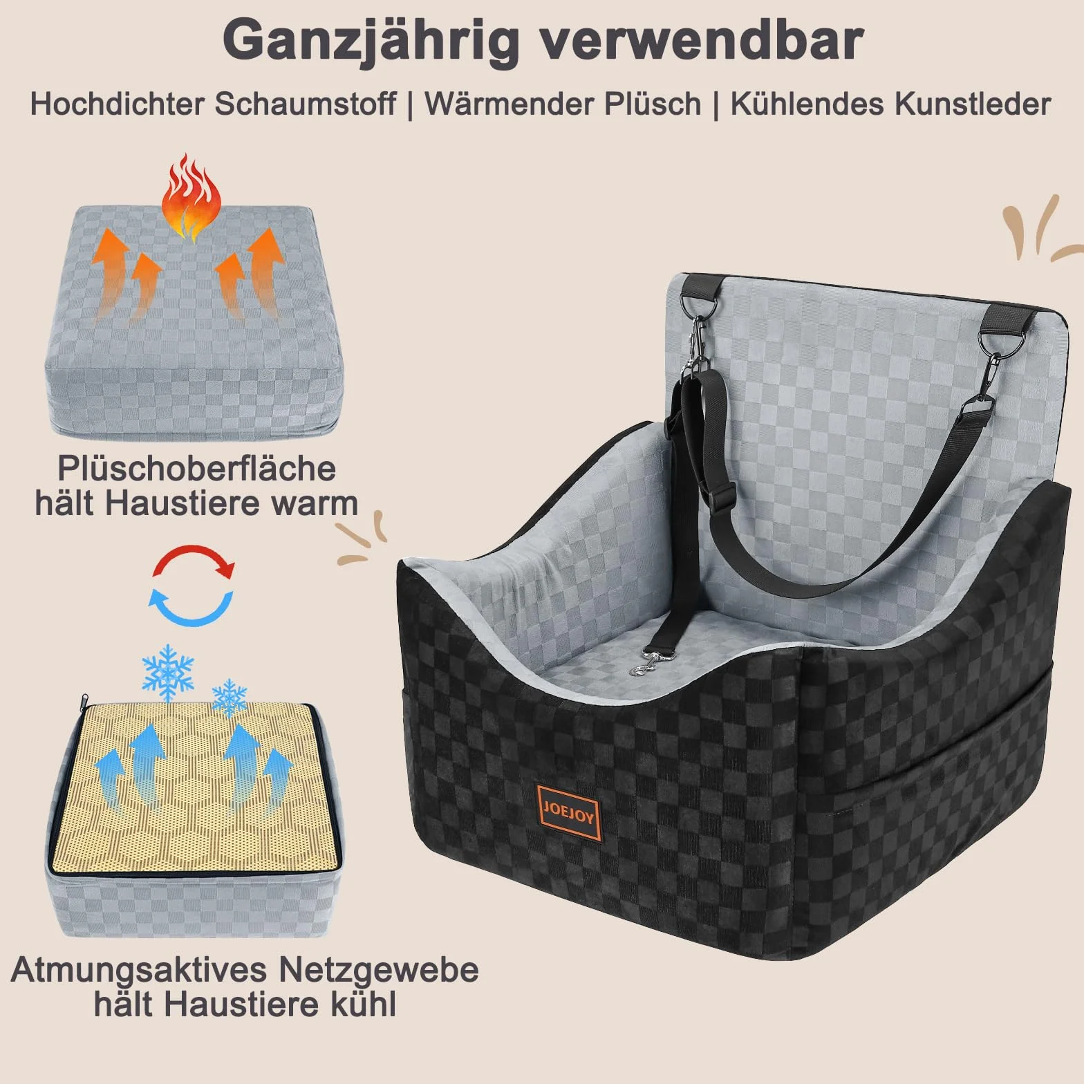 JOEJOY Seggiolino auto per cani piccola media taglia lavabile memory foam ispessita sedile posteriore anteriore cintura sicurezza regolabile