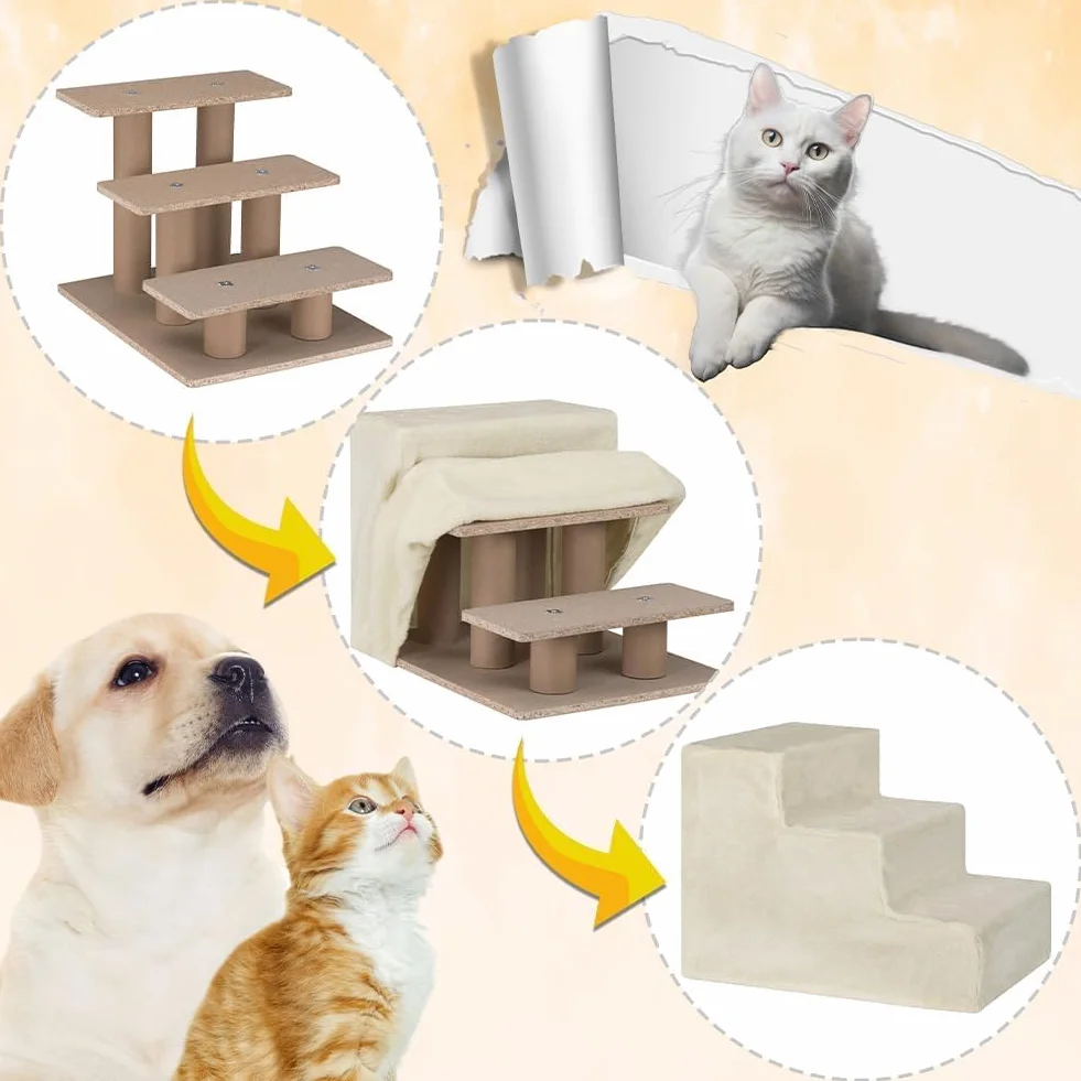BAKAJI Scala per Animali Domestici con 3 Gradini, Rampa per Gatti e Cani Anziani, 45,5 x 36 x 34 cm, Beige