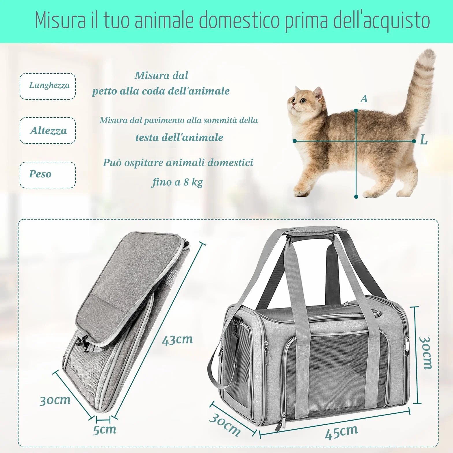 Borsa per il trasporto di gatti pieghevole traspirante 45x30x30 cm 7 kg grigio