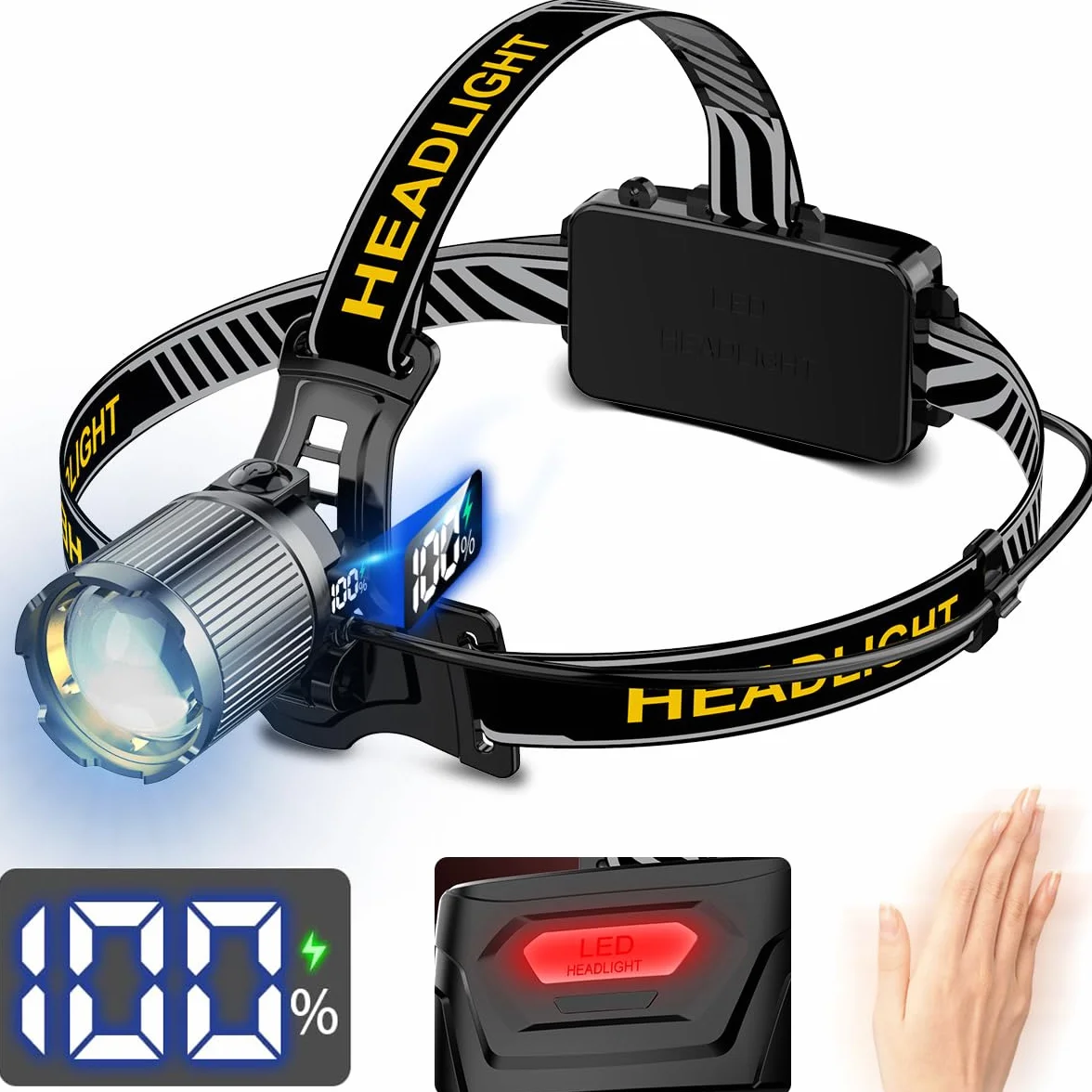 Lampada Frontale LED Ricaricabile 30000 Lumen, Super Luminosa con Sensore di Movimento e Display