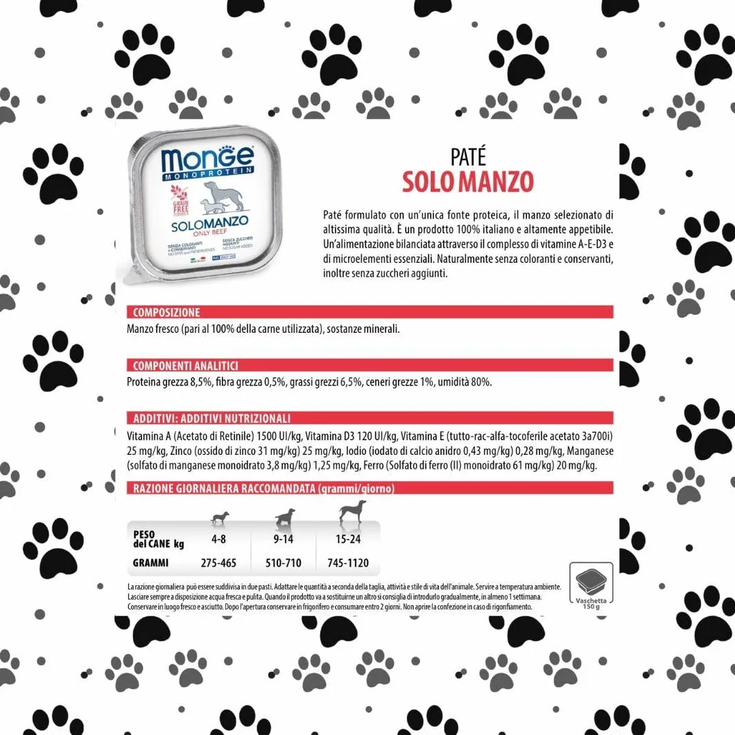 Monge Monoprotein umido cane, alimento completo per cani adulti di tutte le taglie gusto SOLO MANZO,formula monoproteica grainfree senza cereali | 12 vaschette da 150 grammi l'una.