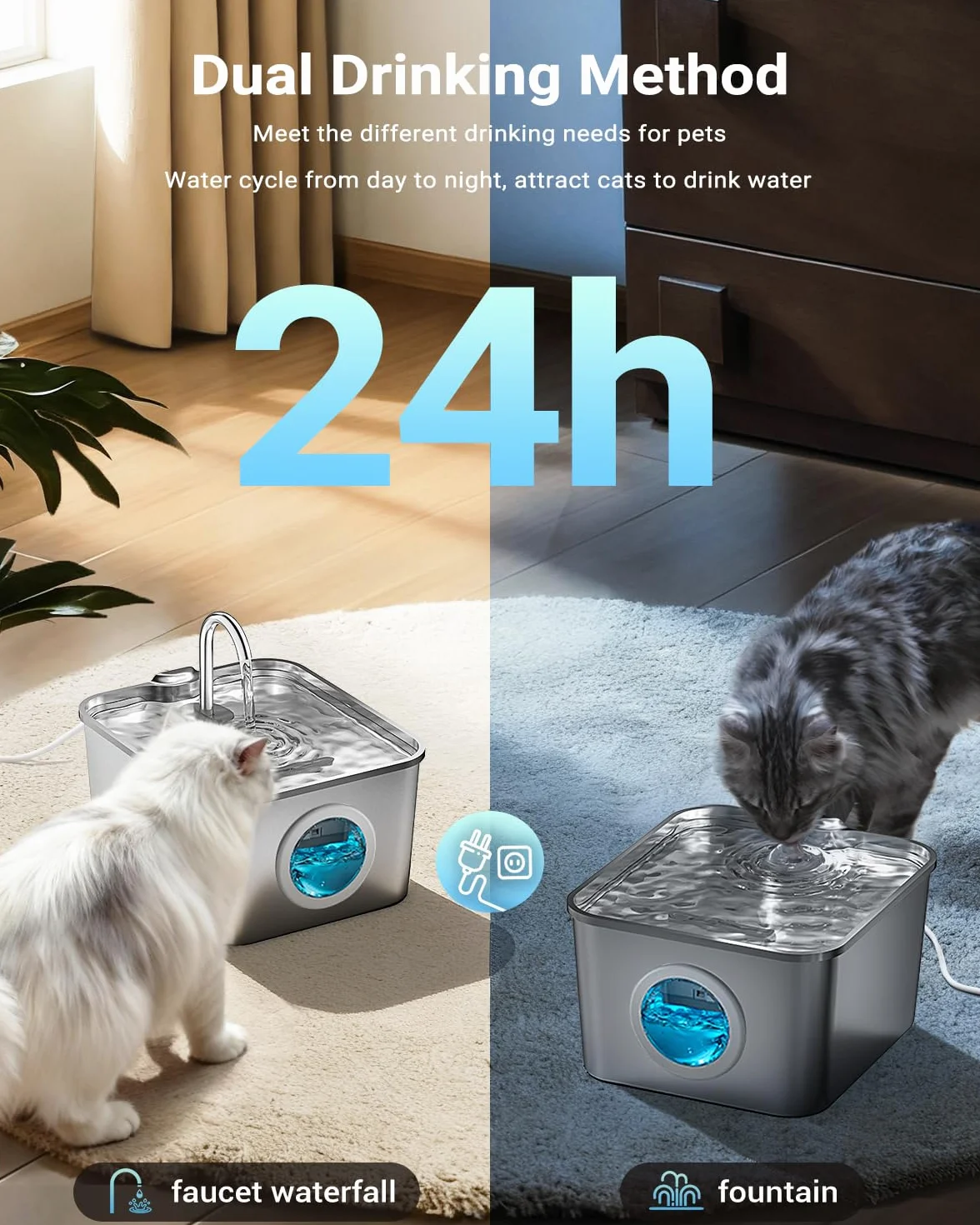 Fontanella per Gatti Acciaio Inox: 2,6L Fontana per Gatti, Ultra Silenzioso, Quadruplo Filtrazione, Cavo Automatico Fontanella Gatto con Rubinetto 3 Filtri e 3 Spugne LED, Facile da Pulire