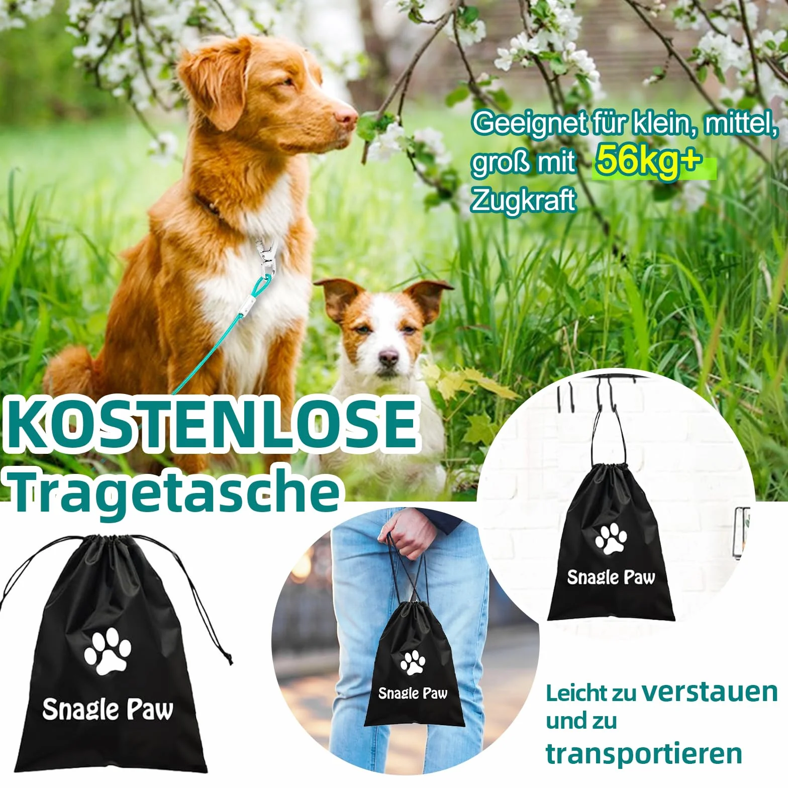 Guinzaglio da cortile per cani, 15 m, in lino, per cani con chiusura a vite, guinzaglio con molla ammortizzante fino a 50 kg, per animali domestici, resistente al morso, per campeggio.
