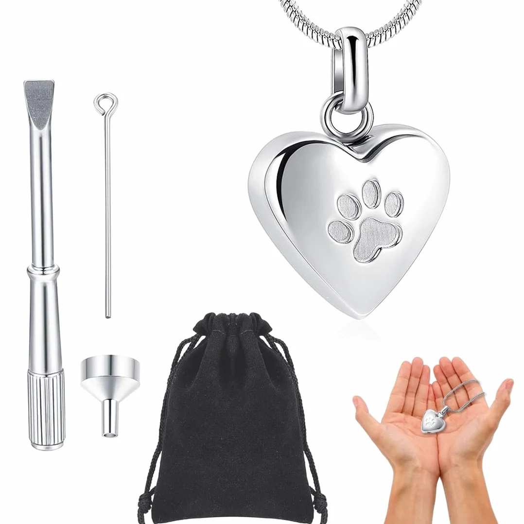 Gioielli Cremazione Animali Domestici Ceneri Ciondolo Stampa Zampa Animali Domestici Collana con Urna Forma Cuore Gioielli Commemorativi per Ceneri di Animali Domestici/Cane/Gatto（Argento）