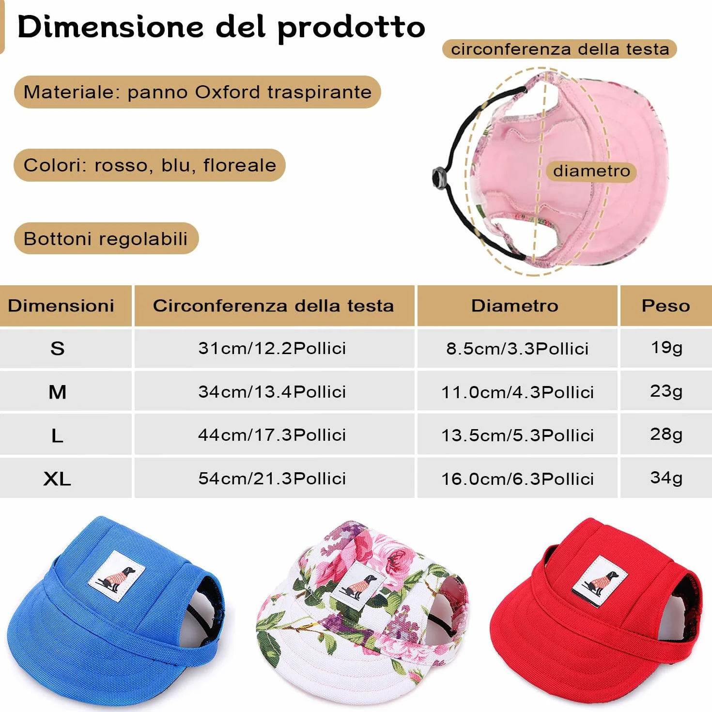 LATRAT Berretto da Baseball per Cani, Cappello di Protezione Sole per Animali Domestici con Fori per le Orecchie e Cinghia Regolabile (Rosso, M)