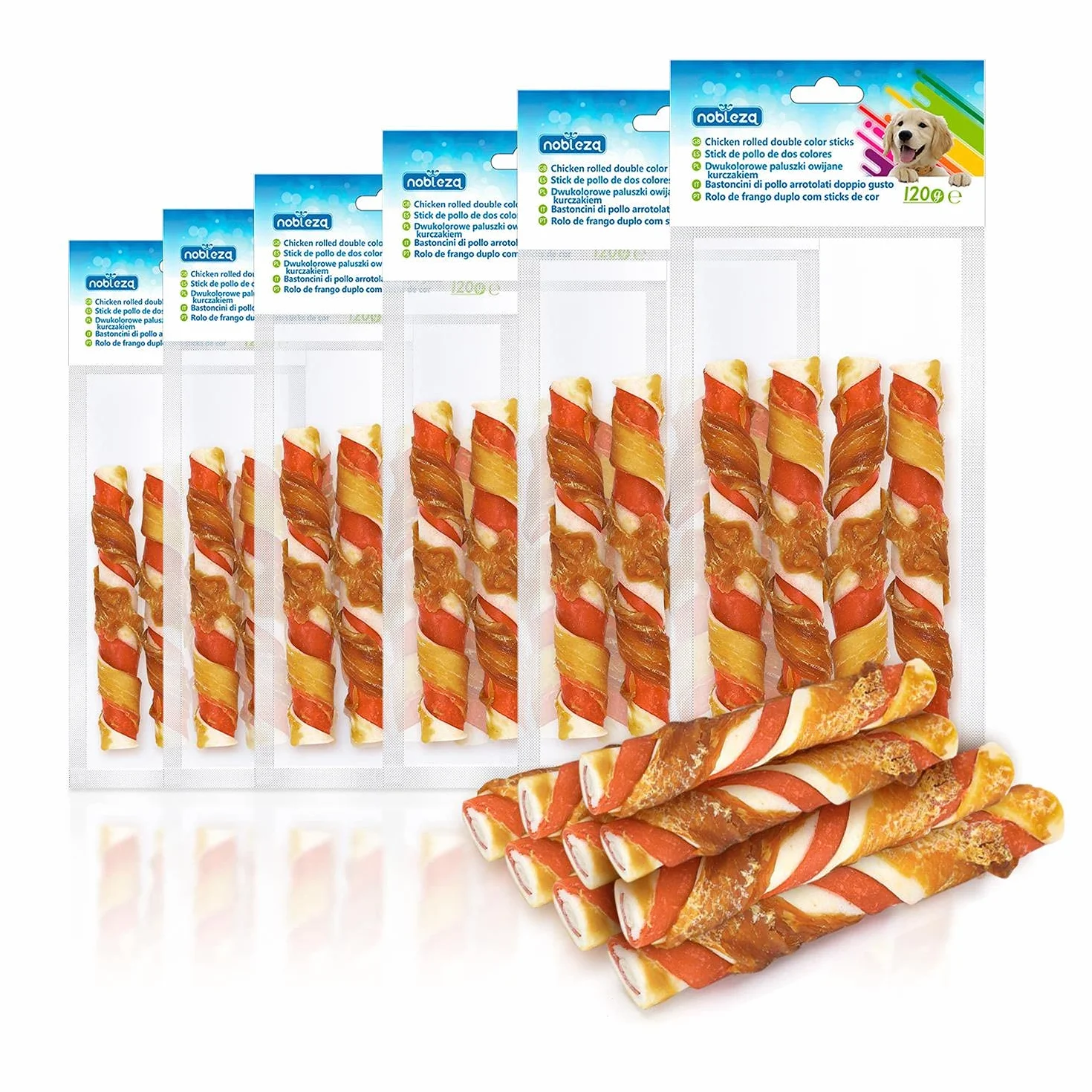 Nobleza - Snack Naturale per Cani, Bastoncini Masticabili con Carne di Pollo e Pelle Grezza, Snack per Cuccioli di Cane, L12.5 cm, 6 confezioni x 120 g